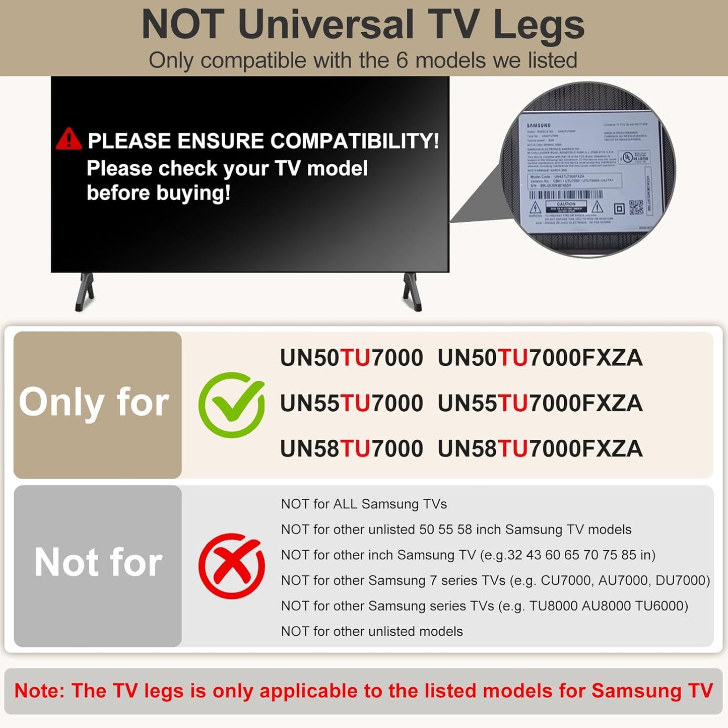 Varghesyla UN50TU7000FXZA UN55TU7000FXZA UN58TU7000FXZA UN50TU7000 UN55TU7000 TV Base Stand for Samsung TV Legs