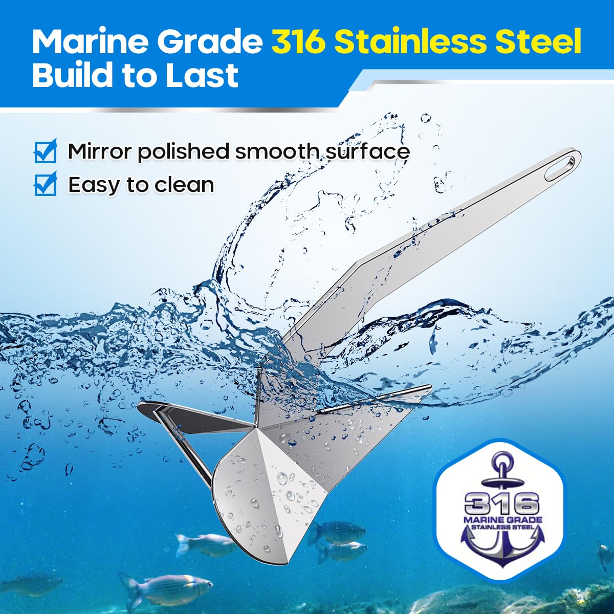 FUCNEN Delta Anchor 316 Stainless Steel Boat Anchor 11 lb/5kg Triangular Plow Anchor for Pontoon Beach Fishing Boats Sailing Boats Marine Grade Polished Small Anchor for 16-23 FT Boats