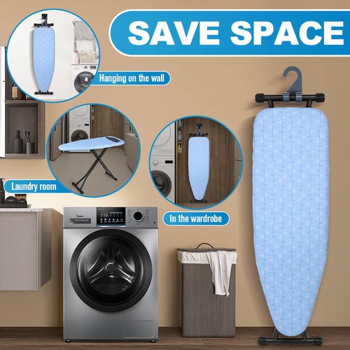 Ironing Board with Silicon Iron Mat Heavy Metal Frame Legs Iron Stand for Home, Laundry Room, Foldable Compact Ironing Board Wall Mount Hanger, Height Adjustable, 13x43in