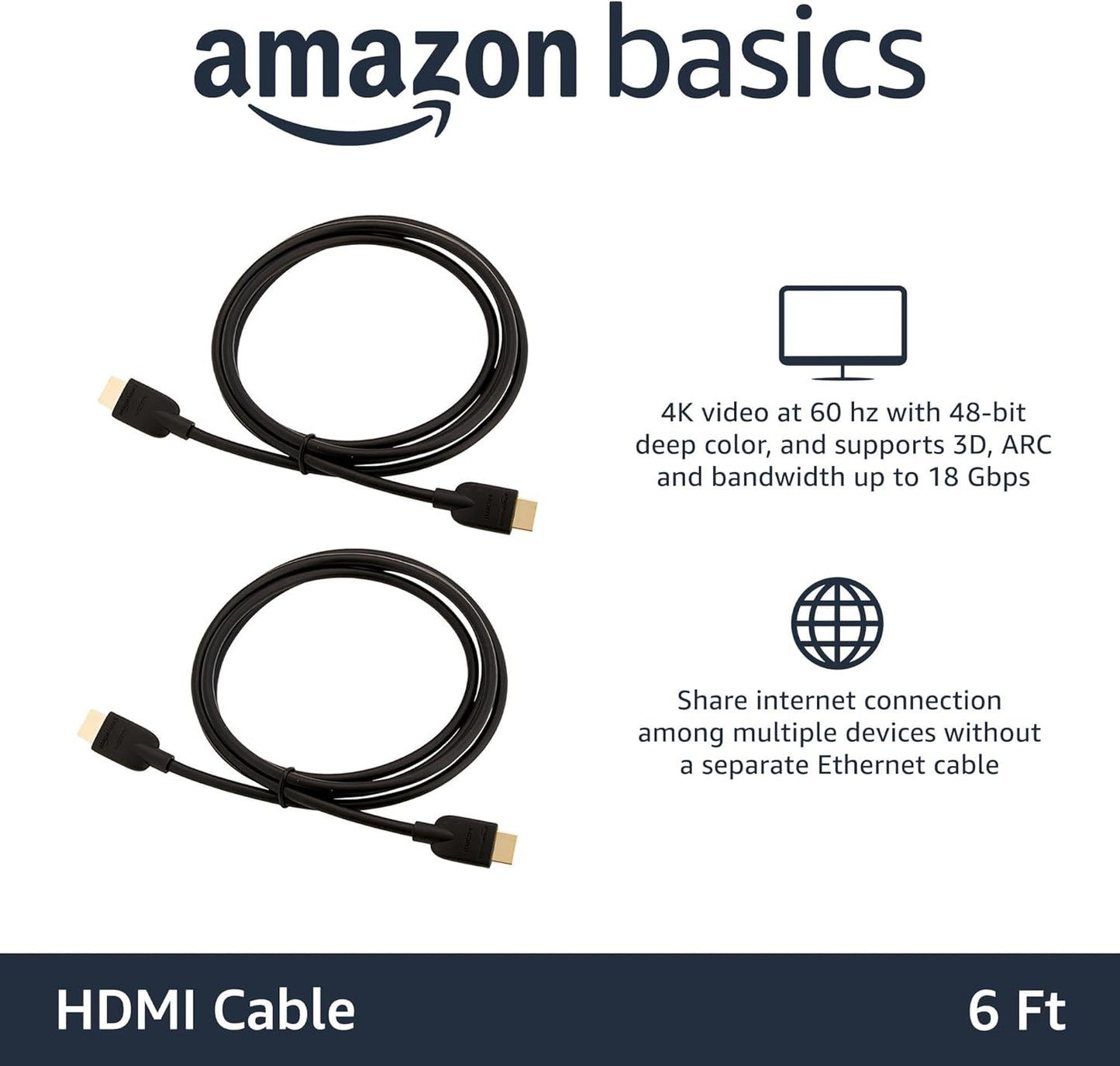 2.0 2-Pack, 6ft, 4K@60Hz, 18Gbps, 2160p, 48 TV/PS5/Xbox/Roku/Blu-ray, Amazon Basics HDMI Cable, High-Speed bit