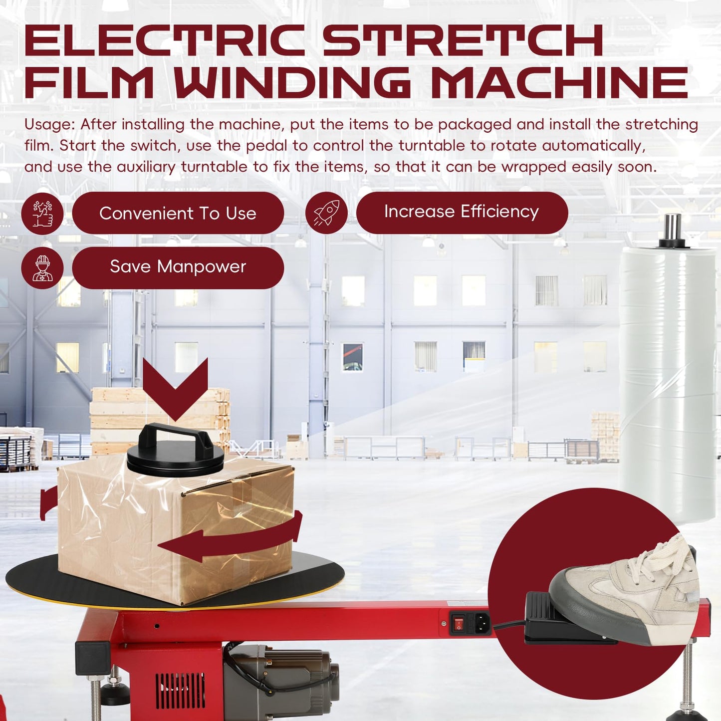 110V Electric Stretch Film Wrapping Machine,Wrap-Around Stretch Film Wrapping Machine with U.S. Plug，Heavy Duty Film Wrapper Machine for Films Less Than 27.5" Wide