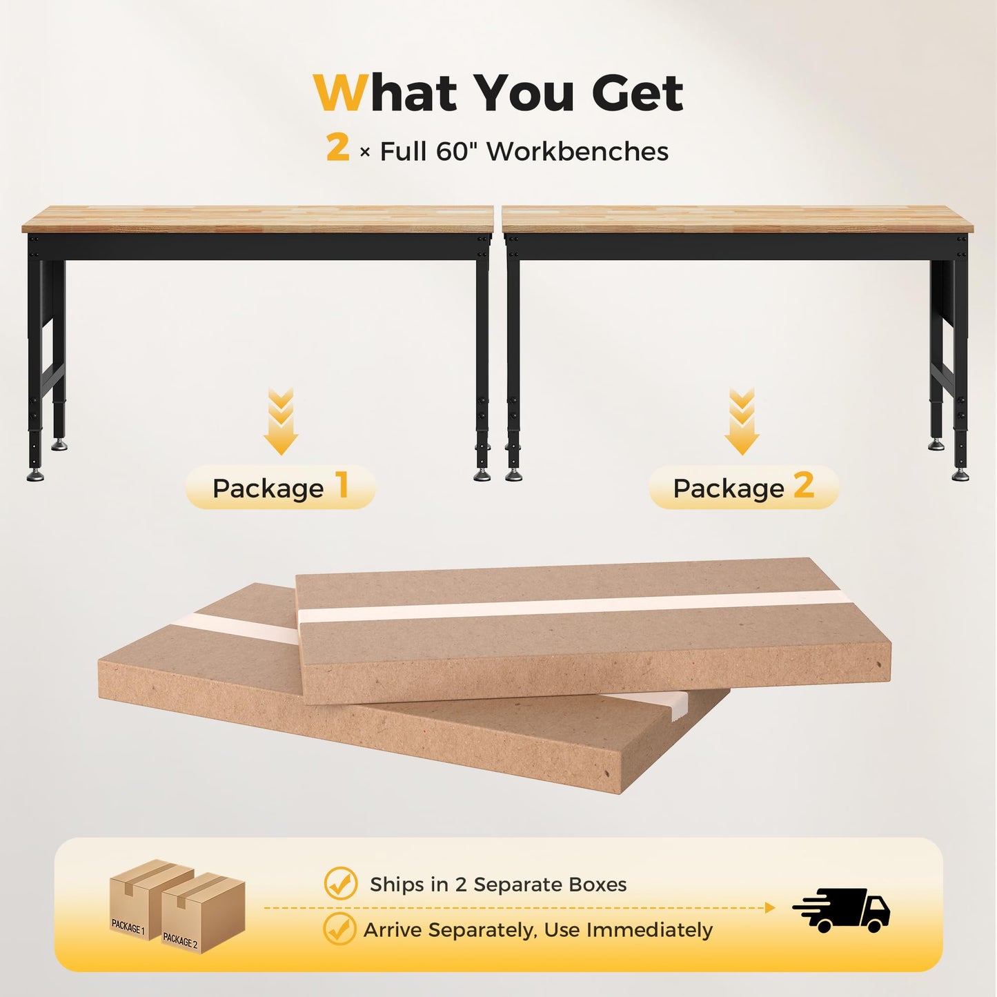 CAMMOO 120" Adjustable Heavy Duty Workbench, 2000 LBS Load Capacity Rubber Wood Work Table with Pegboard, Power Outlets, Work Bench for Garage, Workshop, Office, Home, Commercial, Ships in 2 Boxes