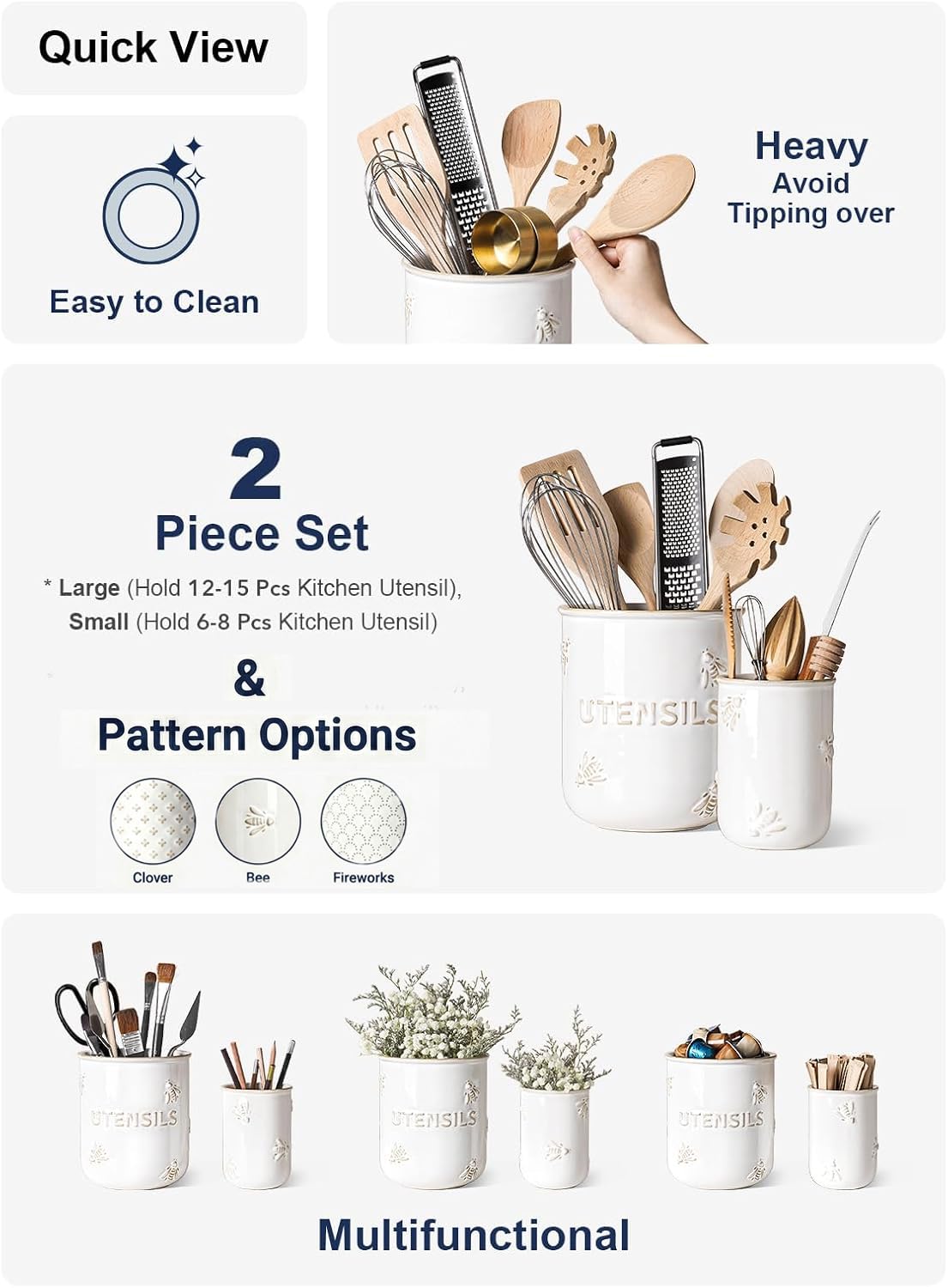 LE TAUCI Utensil Holder for Kitchen Counter - 6.9"+5.3" Ceramic Kitchen Utensil Holder Set of 2, Large Cooking Utensil Crock & Organizer for Spatula, Spoon - Embossed Kitchen Decor, White,Bee