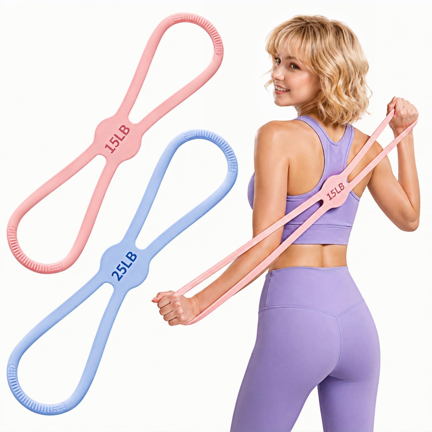 Figure 8 Resistance Bands for Women, 15 & 25 LB Silicone Workout Bands, No-Foam Washable Exercise Stretch Bands for Arms, Back, Glutes, Pilates and Home Gym
