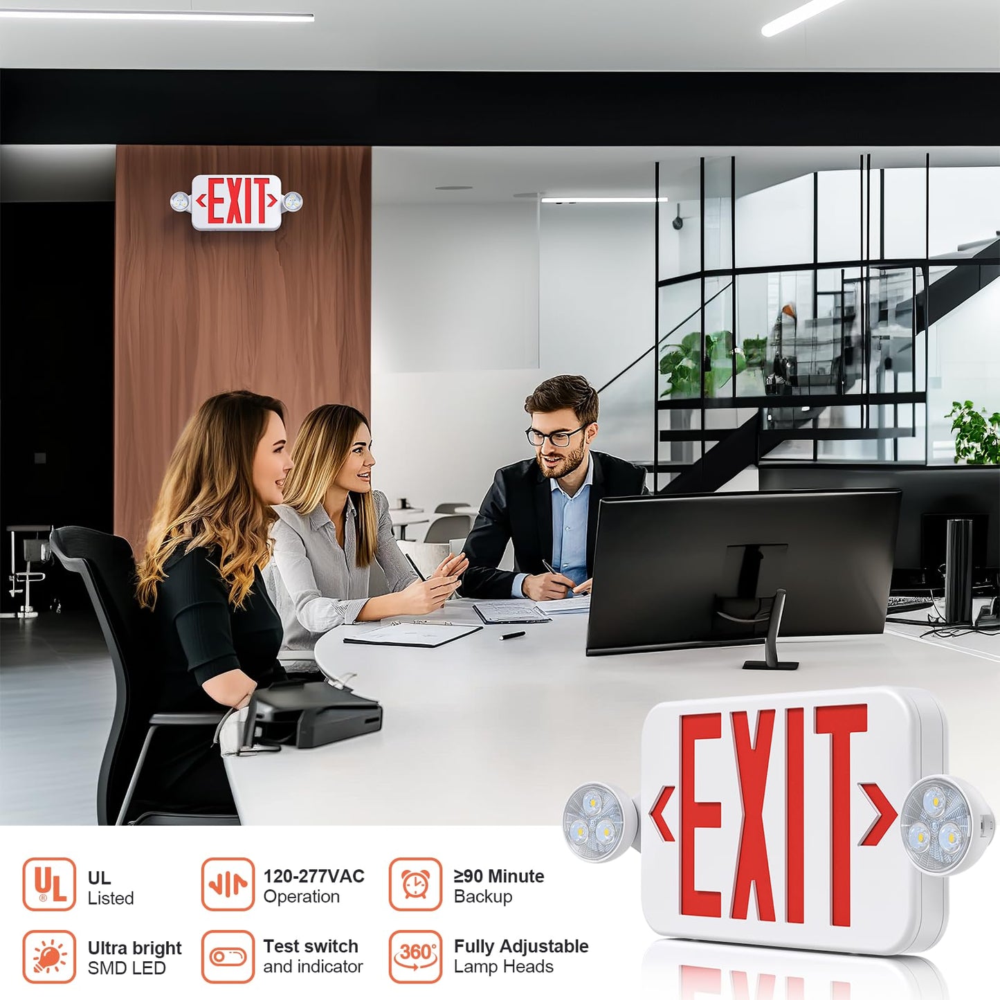 SASELUX Led Exit Sign Emergency Light Combo Adjustable Two Head,Double Sided and Battery Backup Exit Light,Red Letter Hardwired Emergency Exit Sign,AC 120/277V,UL Listed,Ceiling&Wall Mount (6 Pack)