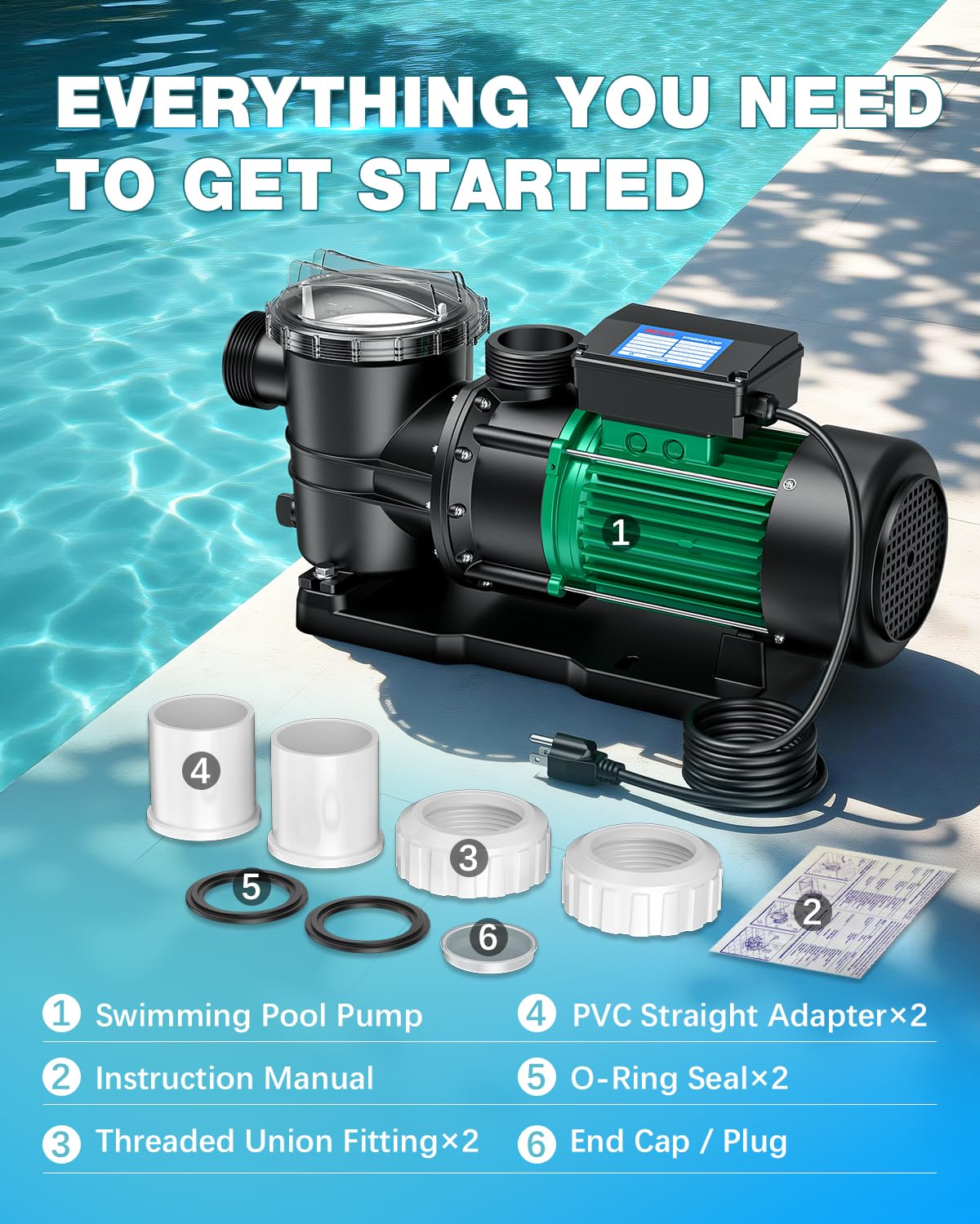 MENIIO 2 HP Swimming Pool Pump, 6980 GPH High Flow, 39.3 FT Max Head, 110V/60Hz IPX68 Waterproof, Inground & Above Ground Pool Water Circulation Pump