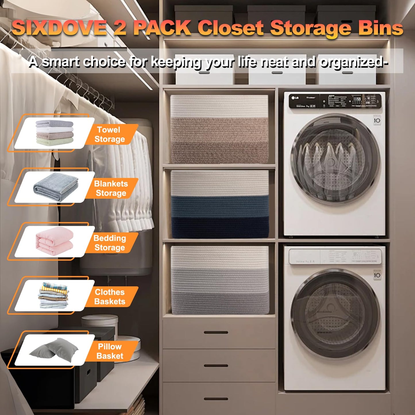 Woven Baskets - 2 Pack Rectangle Closet Organizers for Toy Storage, Nursery & Living Room in Gradient Blue