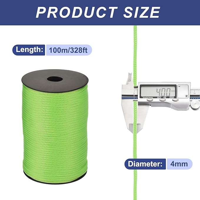 MECCANIXITY 5/32 Inch Polypropylene Rope Braided Ropes, 328ft Camping Rope Hollow Utility Cord for Clothesline, Hiking, Outdoor, Fruit Green