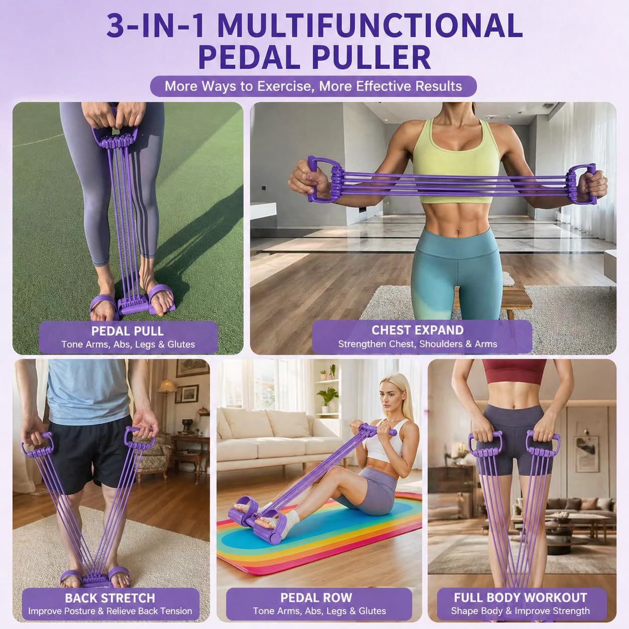 2026 Upgrade Pedal Resistance Band with Handle,8 Tube Detachable Elastic 3-in-1 Multifunctional Foot Pedal Resistance Assistance Expander for Foot Pedal Pull, Back Stretch & Chest Expand (Purple)