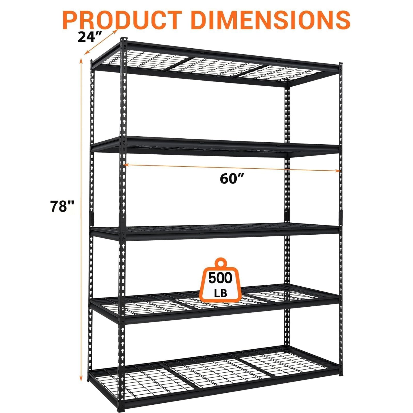Garage Storage Shelves 5 Tiers, Heavy Duty Storage Shelving Racks with 2500 LBS Capacity, 60 in L x 24 in W x 78 in H Metal Adjustable Utility Shelving Unit for Garage Organization, Basement, Workshop