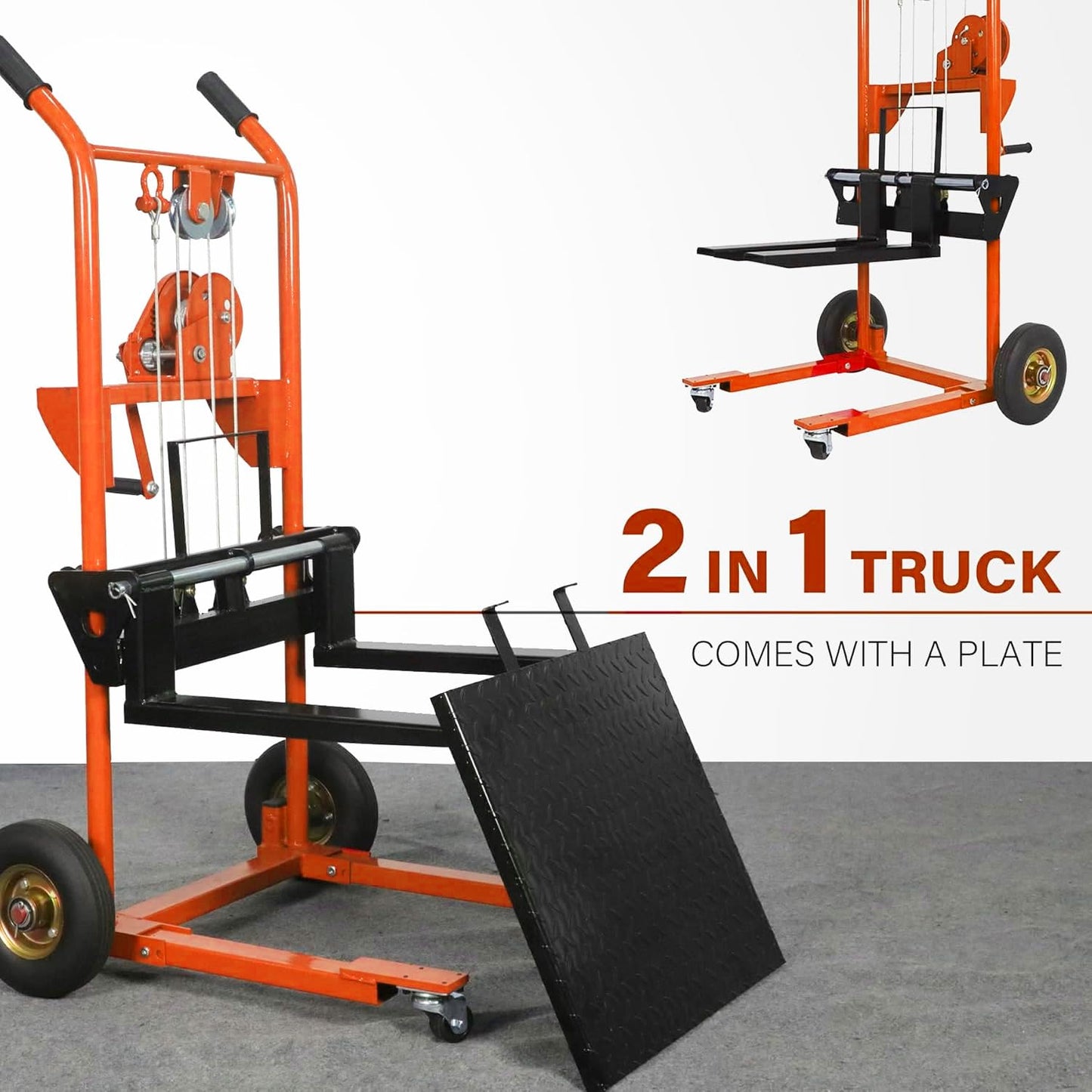 Material Lift Winch Stacker, 440 lbs Capacity Table Cart, 35.4" Lifting Height Manual Forklift Stacker, Pallet Jack Truck Dolly with Swivel Casters and Lift Plate (Orange)
