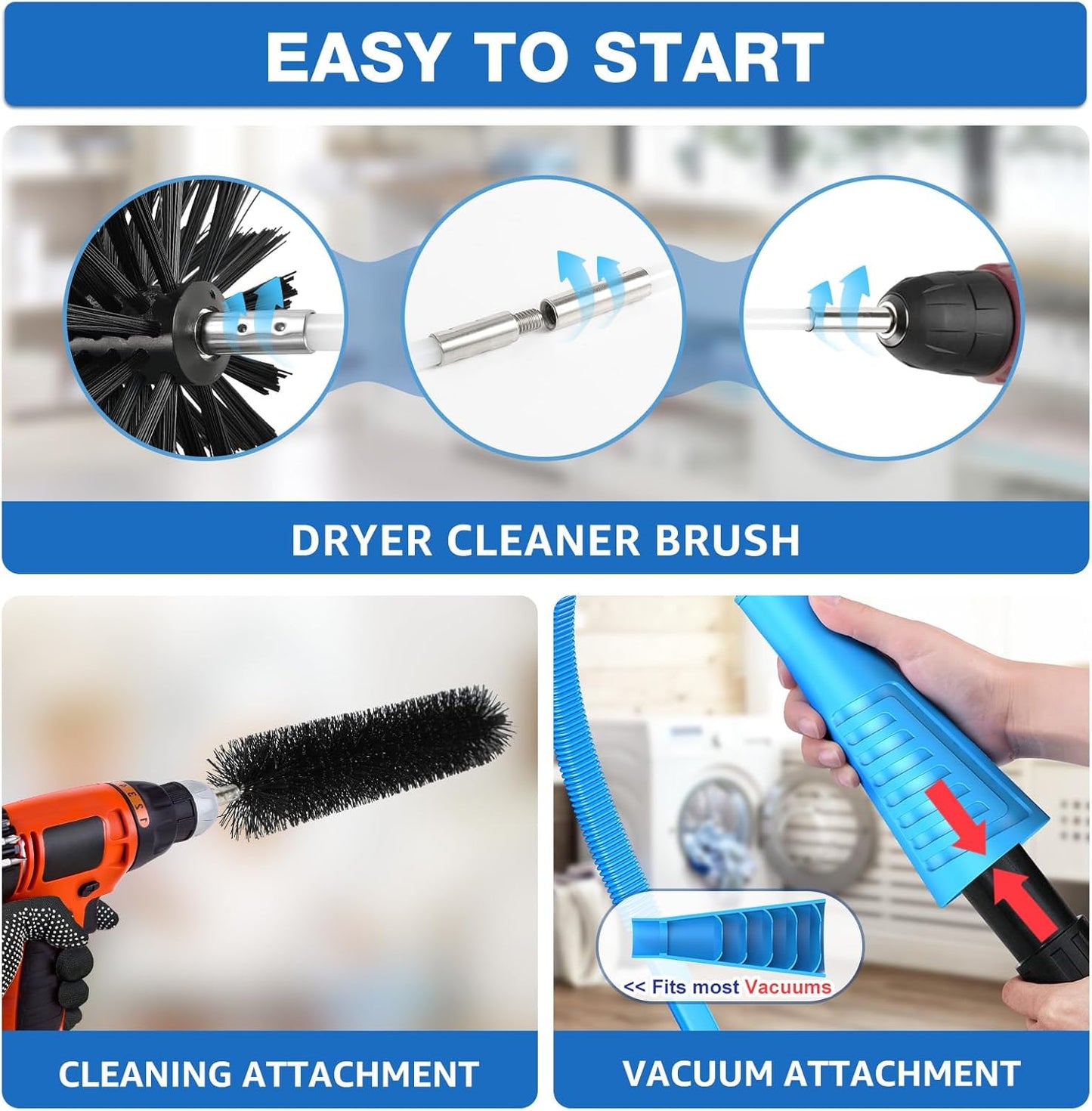 PetOde Dryer Vent Cleaner Kit - 32-Feet Lint Remover with Flexible Brush & Vacuum Attachments