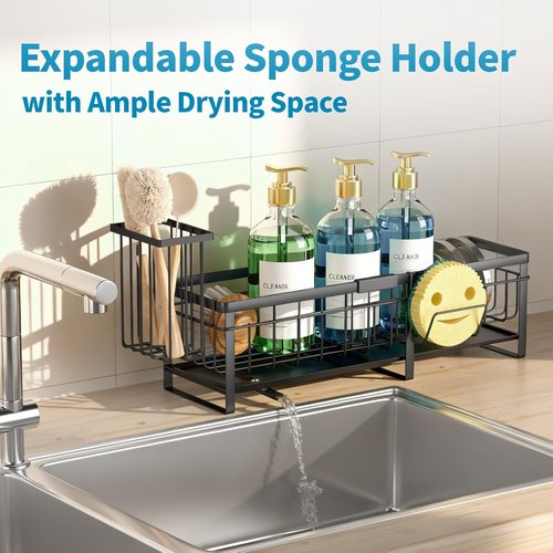 Aurblozen Extra Large Extendable Sponge Holder - Rustproof Kitchen Sink Caddy Organizer | Black