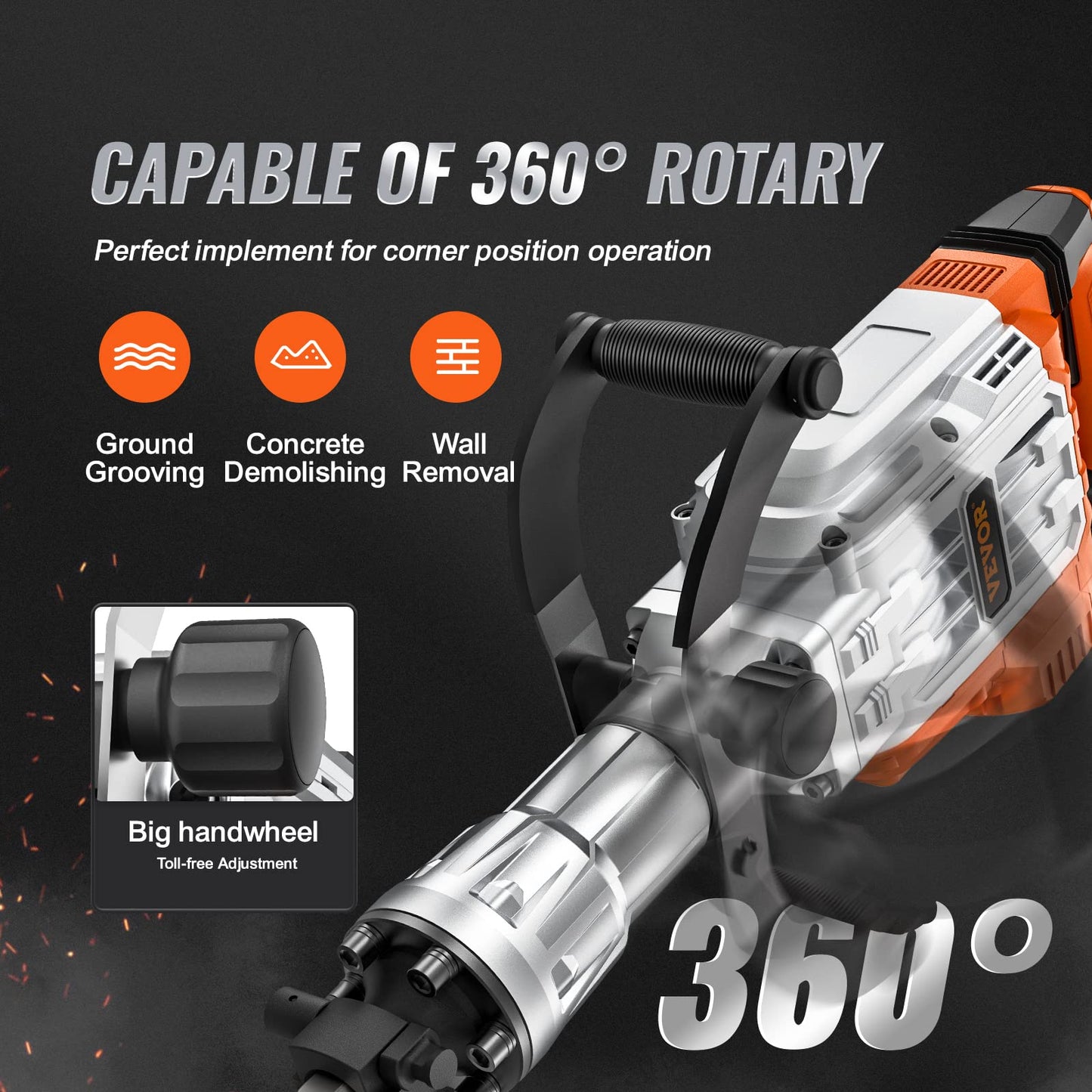 VEVOR Demolition Jack Hammer, 3500W Jack Hammer Concrete Breaker 1900 BPM Heavy Duty Electric Jack Hammer, 2pcs Chisel w/Gloves & 360°C Swiveling Front Handle for Trenching and Breaking Holes