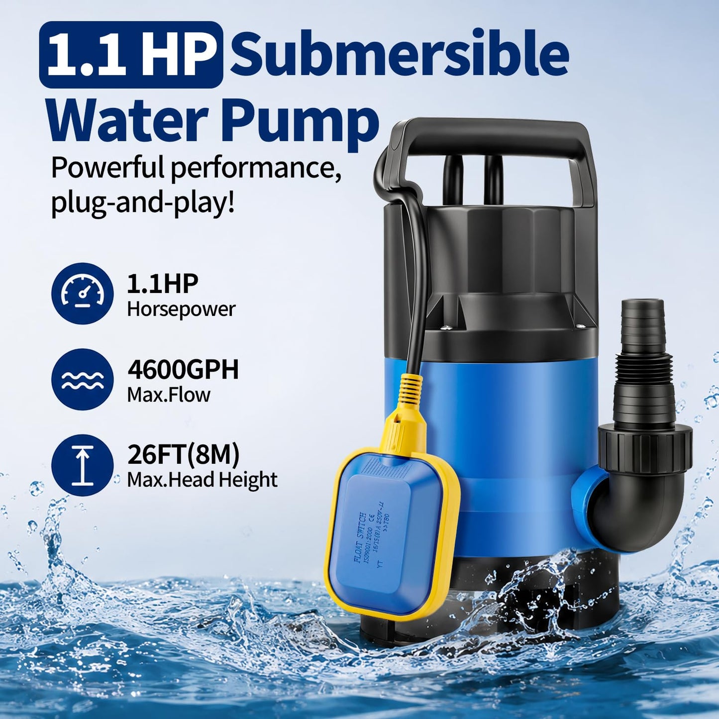 Poofata 1.1HP Submersible Sump Pump, 4600 GPH Electric Water Pump with Automatic Float Switch, Portable Utility Pump for Pool Draining, Basement, Outdoor Ponds, 16 FT Cord