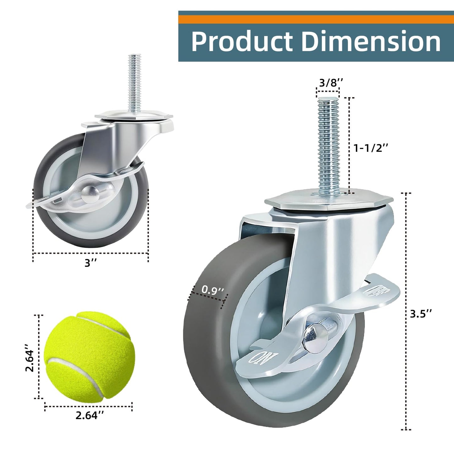 LSWhee 3-inch Threaded-Shaft Casters (Set of 4) with Dual-Lock Brakes; Heavy-Duty TPR Swivel Casters for Wire Racks, Workbenches, Tool Carts, and Storage Racks; 500-pound Load Capacity