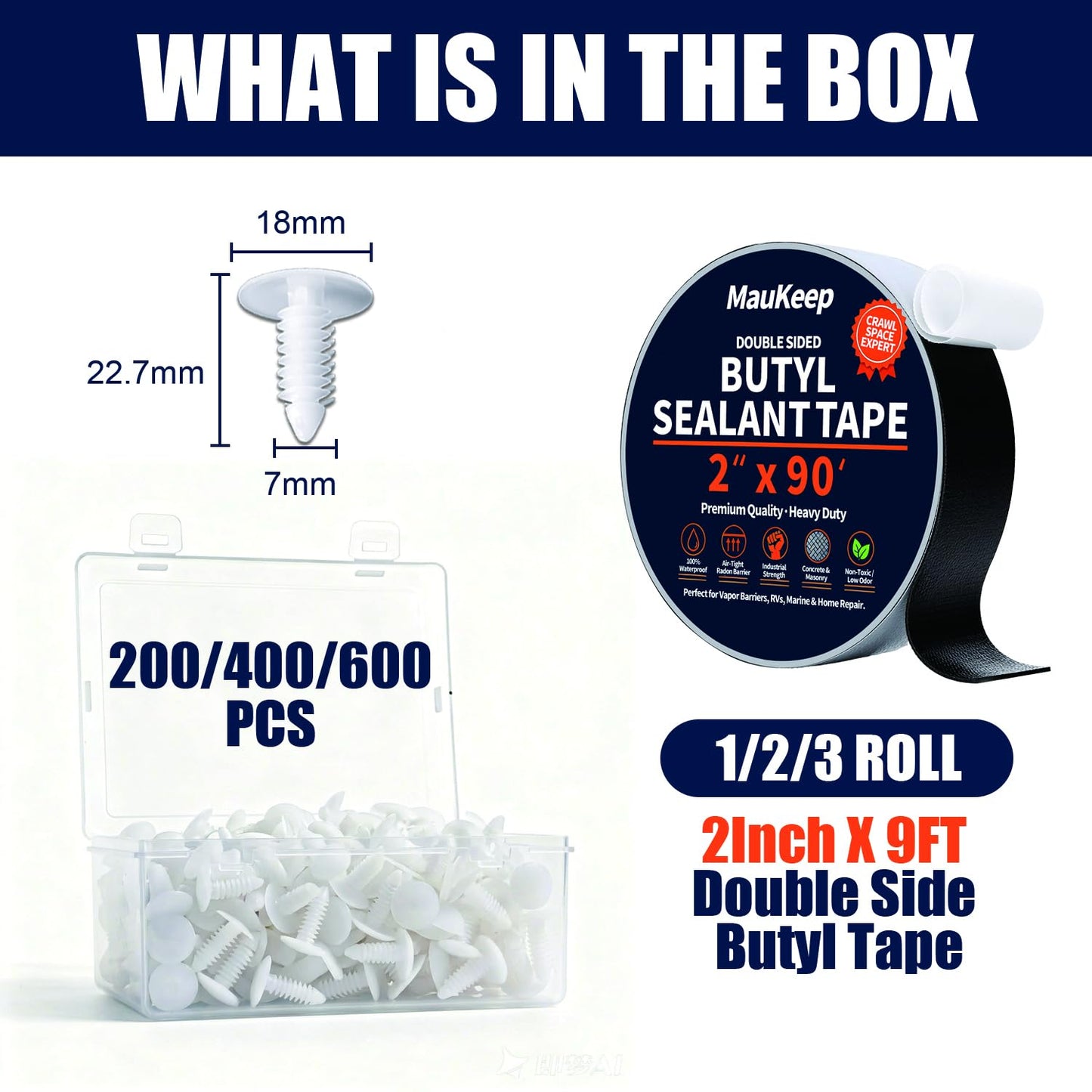 Double Sided Foundation Butyl Sealant Tape (2" x 90FT ) & 600pcs Christmas Tree Fasteners for Crawl Space Encapsulation, Waterproof Vapor Barrier Wall Seal, Double Secure Permanent Fastening Set