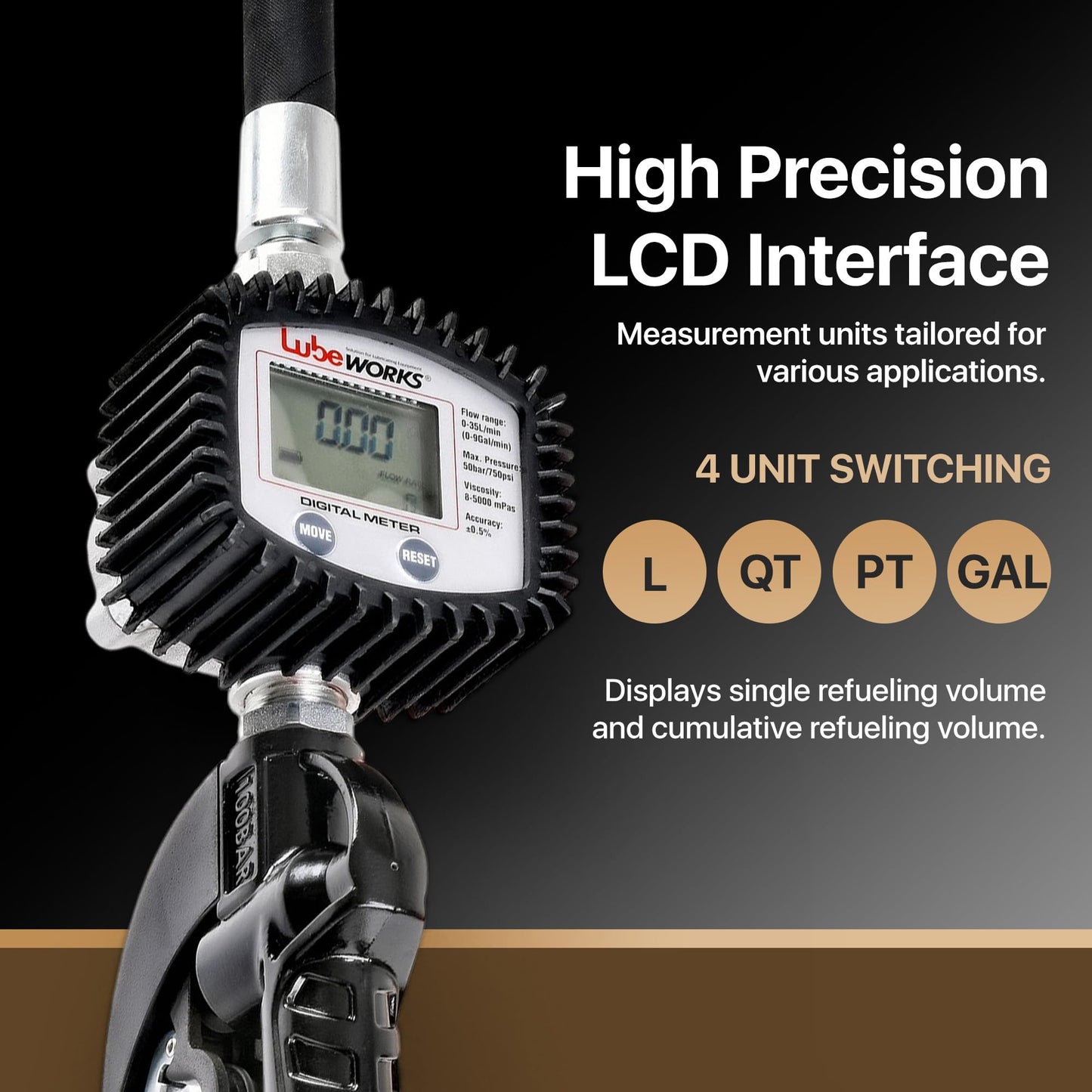 Lubeworks Oil Control Valve Digital Meter Dispensing Nozzle 10GPM/35LPM Heavy Duty Air Operated Pneumatic 1/2" inch NPT Inlet Pressure Range 7-725 Psi 5-50 Bar with Flexible Spout (Not for Gasoline)