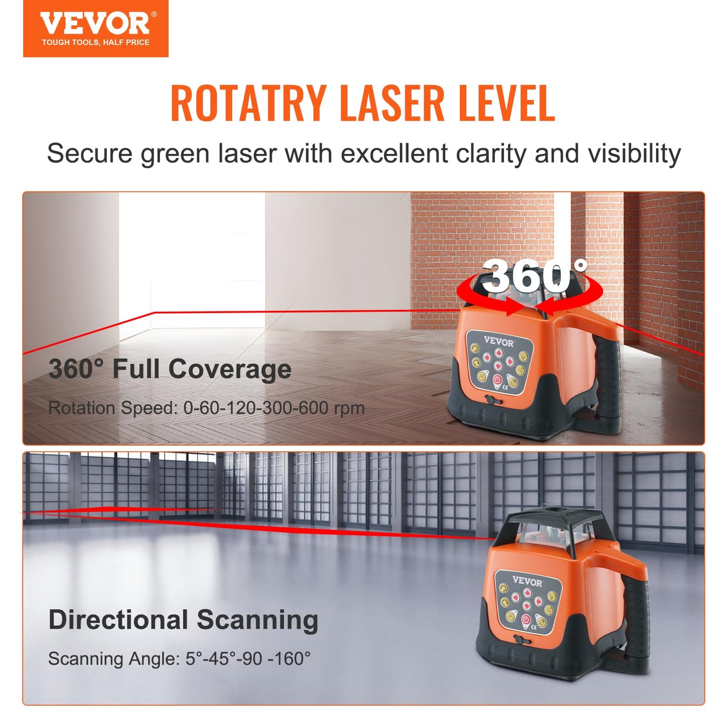 VEVOR Rotary Laser Level 1650ft,360 Degree Self Leveling Red Cross Line Laser,5 Rotation Speeds&4 Scanning Angles Adjustment,IP66 Waterproof Remote Control Manual Self-leveling Mode,Battery Included