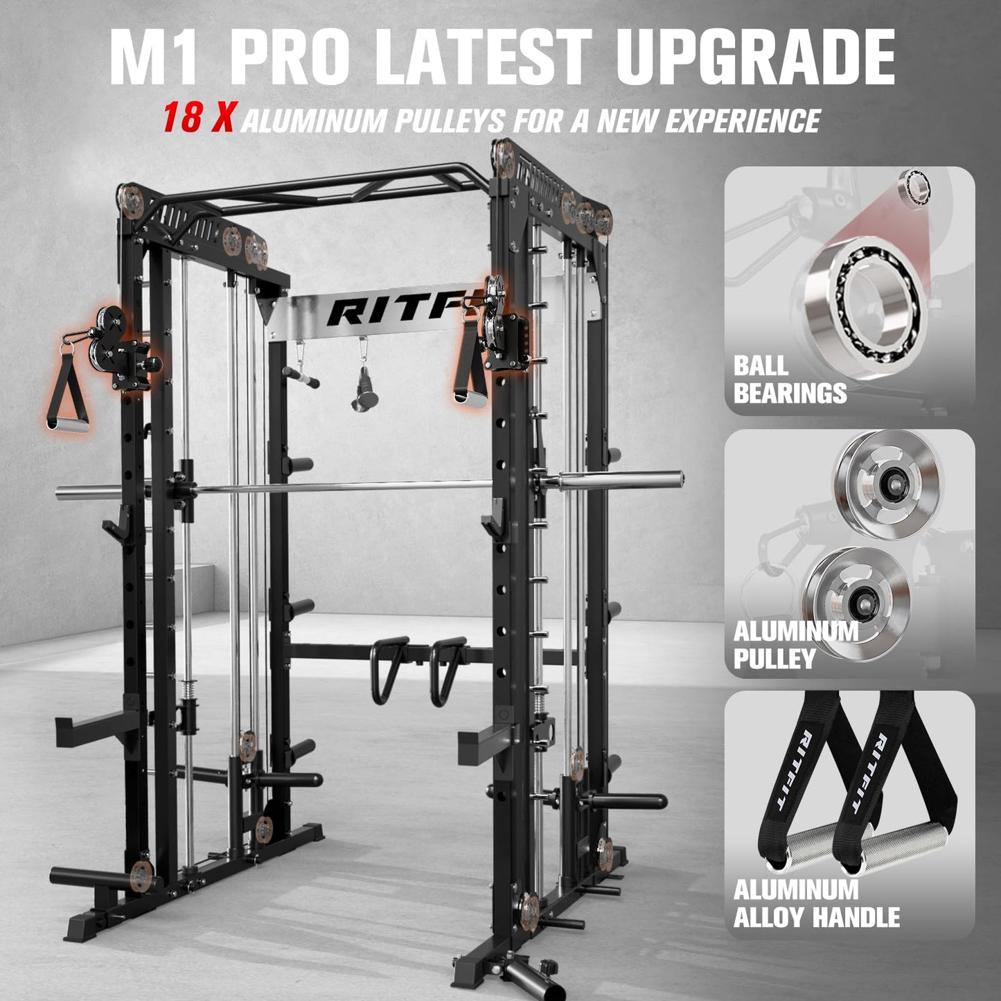 RitFit M1 Pro Smith Machine with LAM1 Adjustable Lever Arm Attachment, All-in-One Power Cage, Power Rack with LAT Pulldown & Cable Crossover System for Home Gym(Black)