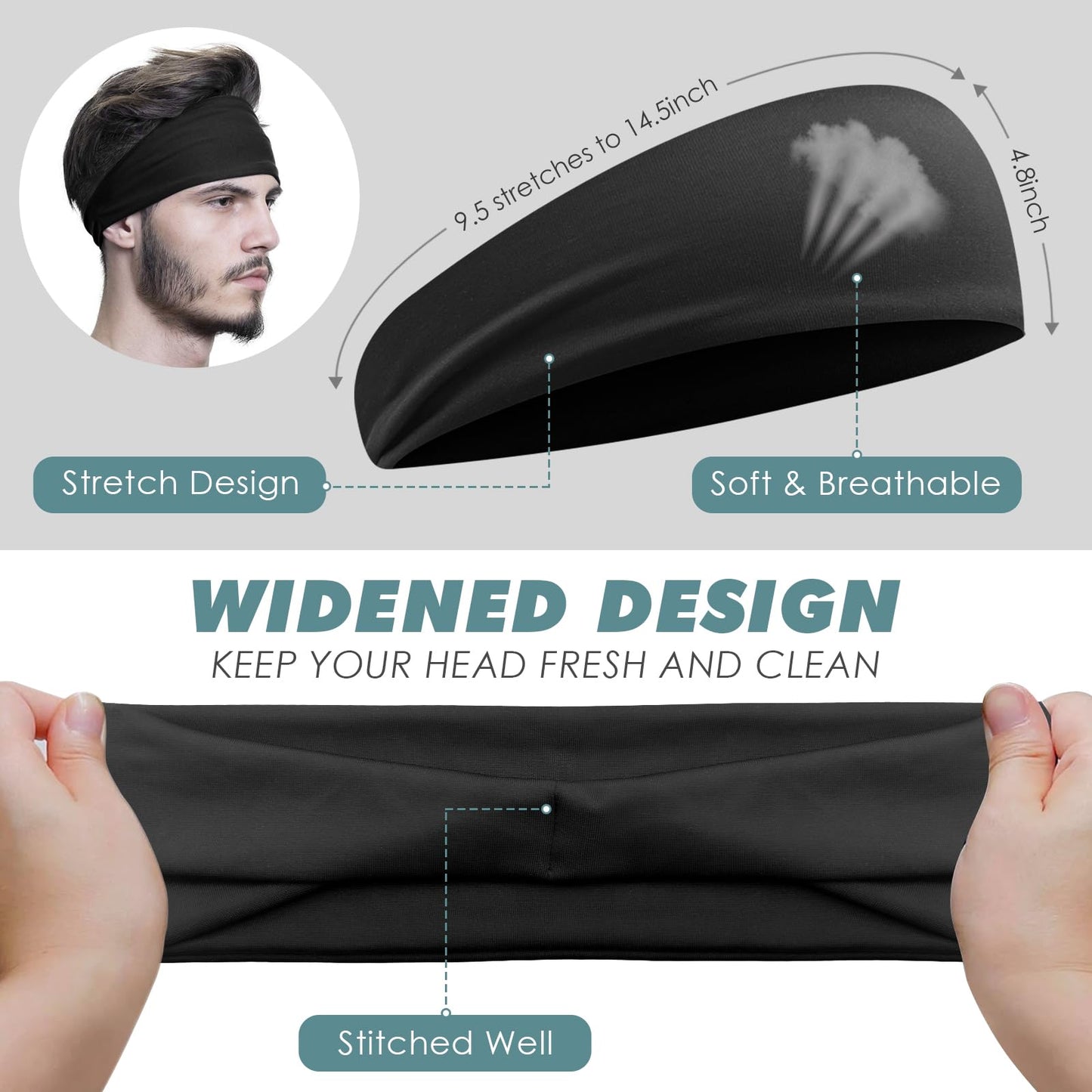 Workout Headbands for Men, 5 Pack Mens Running Headband Stretchy Sweatband Sports Headband for Cycling, Basketball, Yoga, Fitness Workout Unisex Hairband