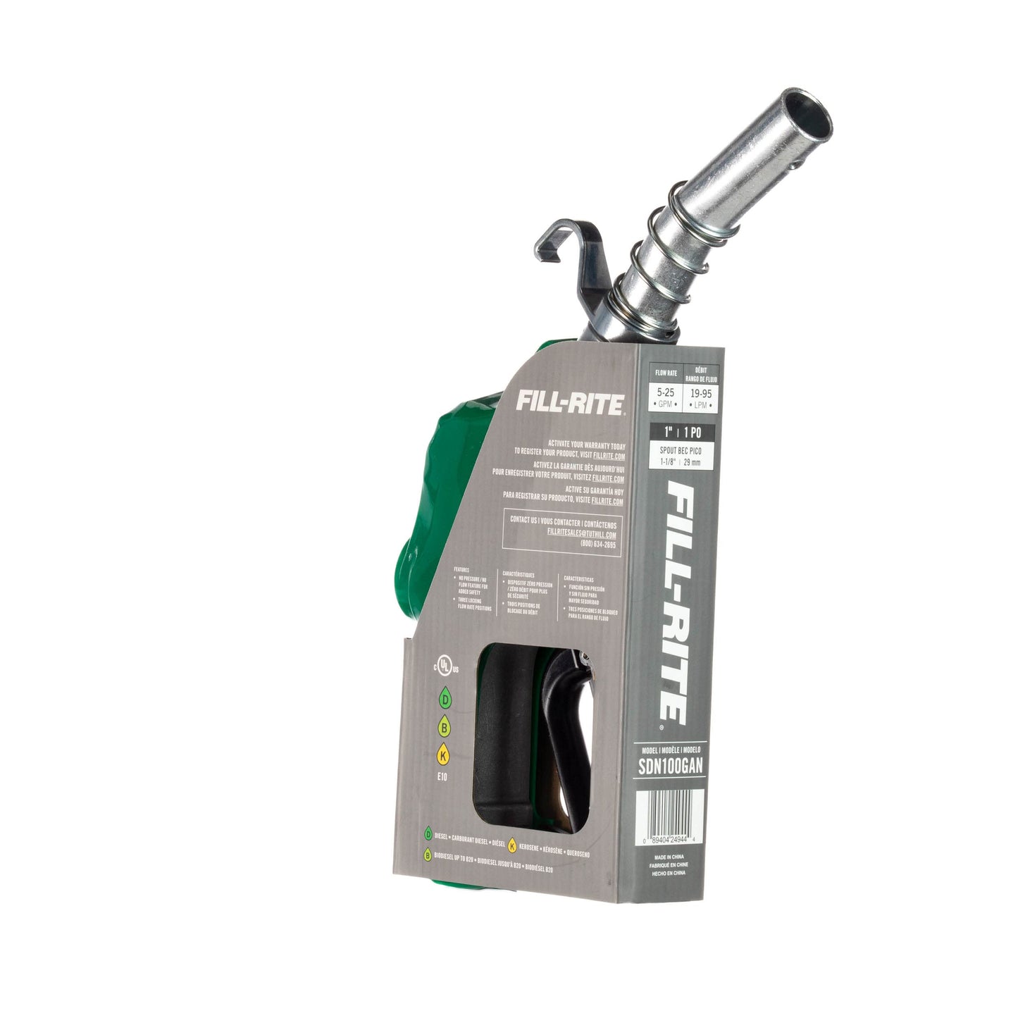 Fill-Rite SDN100GAN 1” 5 to 25 GPM Automatic Standard Duty Fuel Transfer Nozzle, Green - For Gasoline, Diesel, Biodiesel up to B20, E15 & Kerosene