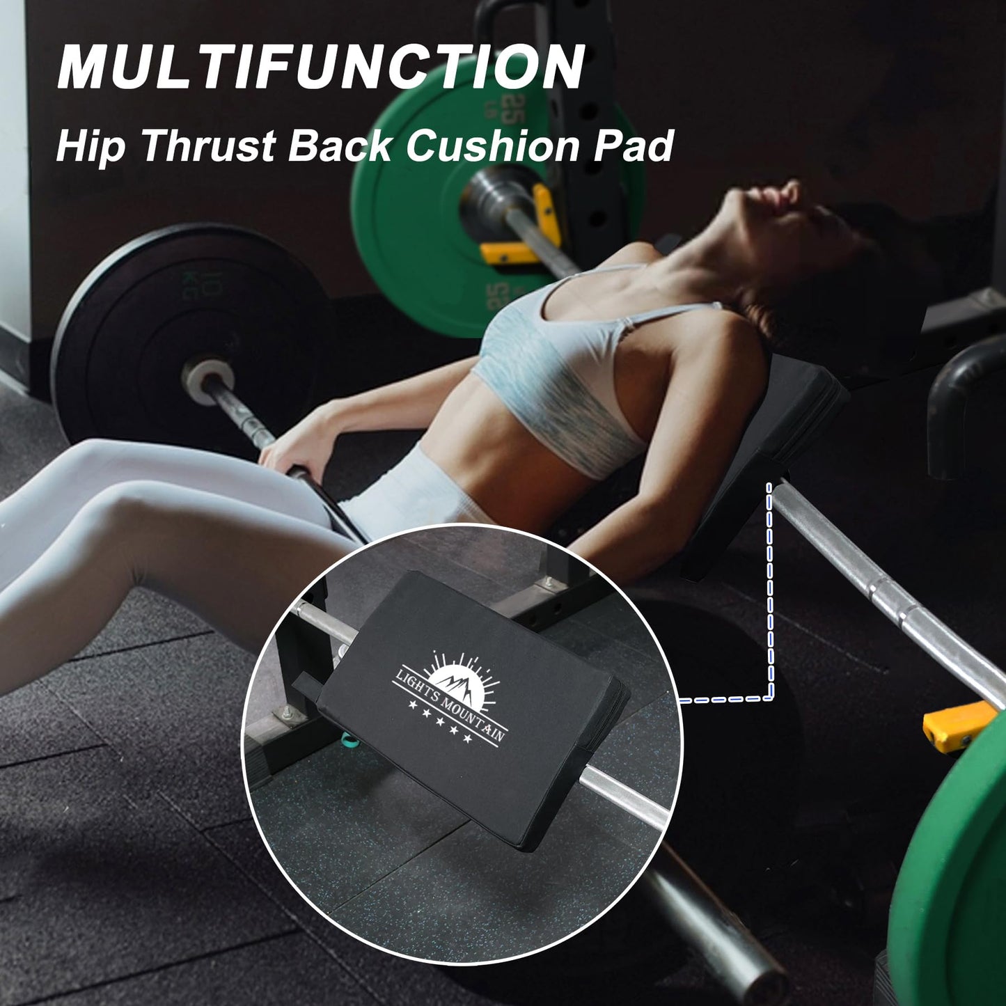 Lights Mountain Square Hip Thrust Pad for Smith Machine, Extra Thick Firm Barbell Pad for Glute Bridges, Non-Slip Hook & Loop, Heavy Duty Support for Squats & Hip Thrusts, Home Gym Equipment (Black)
