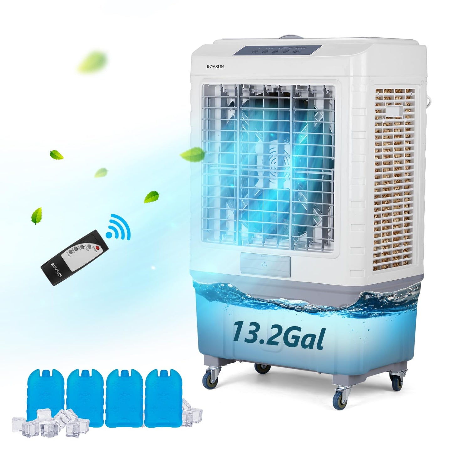 ROVSUN 4100CFM Portable Air Cooler, 13.2Gal/50L Evaporative Swamp Cooler, 3-IN-1 Cooling Fan with Remote Control, 3 Speeds, 7.5H Timer & 4 Ice Box, Humidifying Oscillating Fan for Indoor or Outdoor