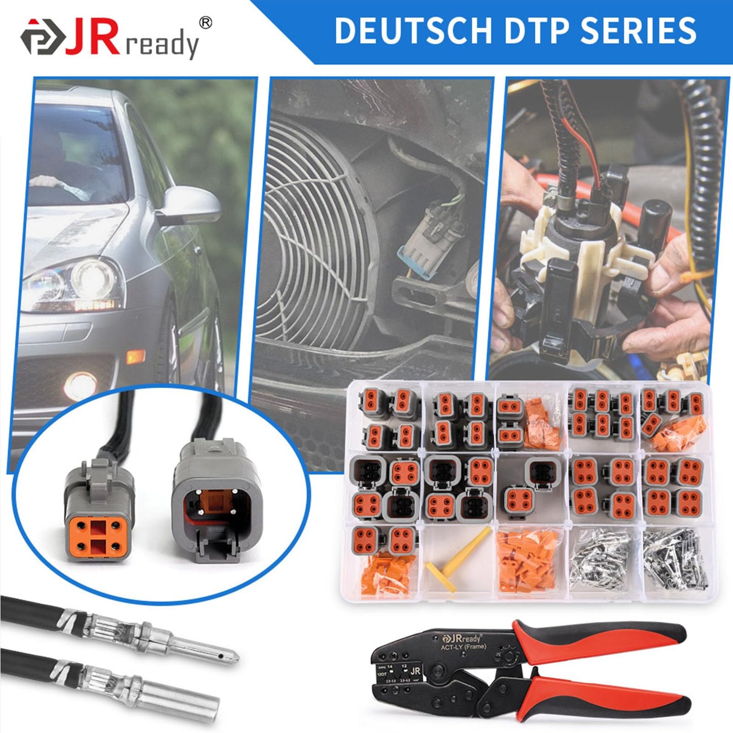 JRready ST6337 Deutsch DTP Connector Kit with Crimper, 2 4 Pin Waterproof Connectors 10 Sets with Ratcheting Terminal Crimping Tool, Size 12 Stamped Contacts 14-12 AWG, Deutsch Pin Removal Tool