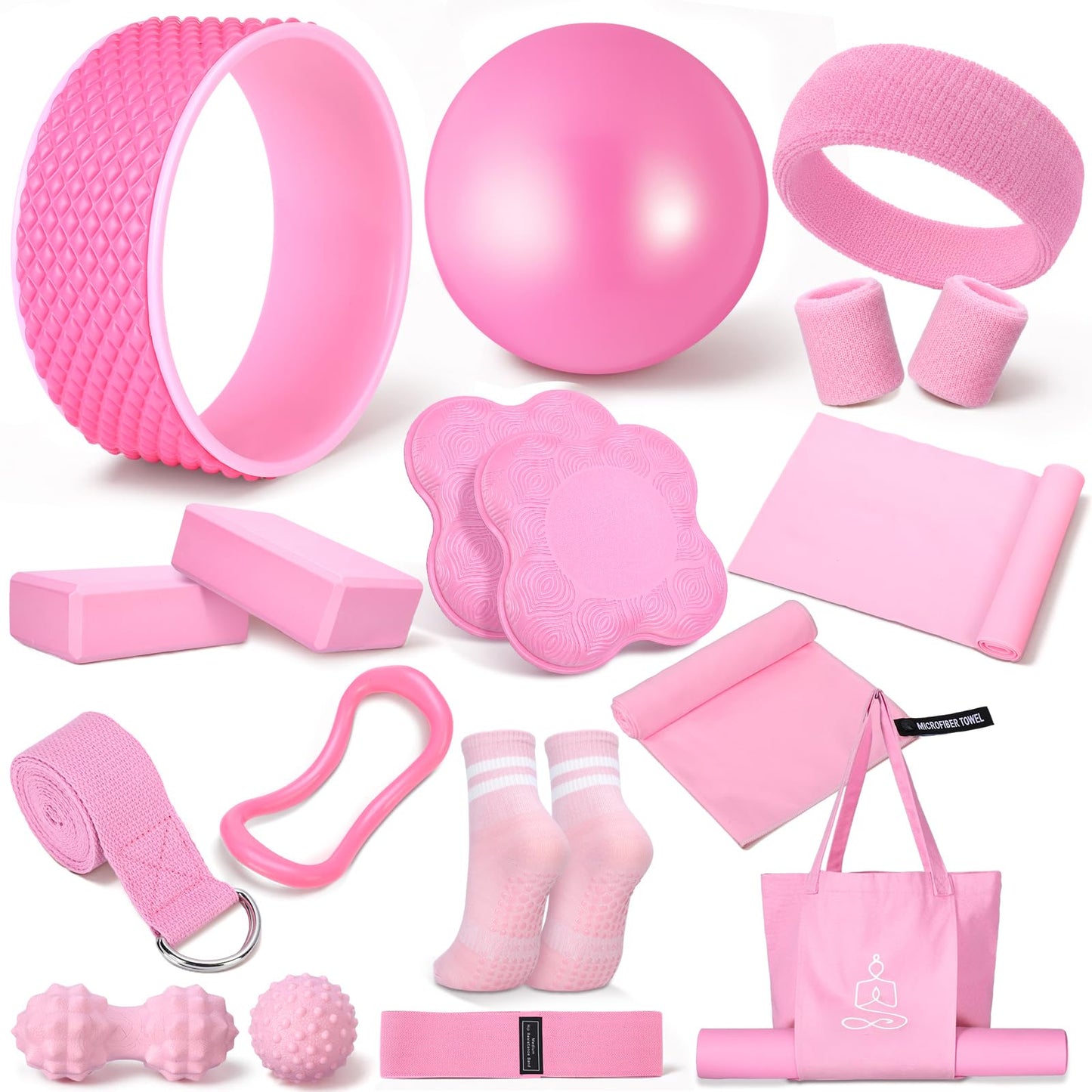 17 Pcs Yoga Essential Kit for Women, Pilates Equipment Starter Set for Beginners with Yoga Wheel Ball Blocks Strap Resistance Bands Wrist Rings Socks Towel & Carry Bag for Home Workouts(Pink)