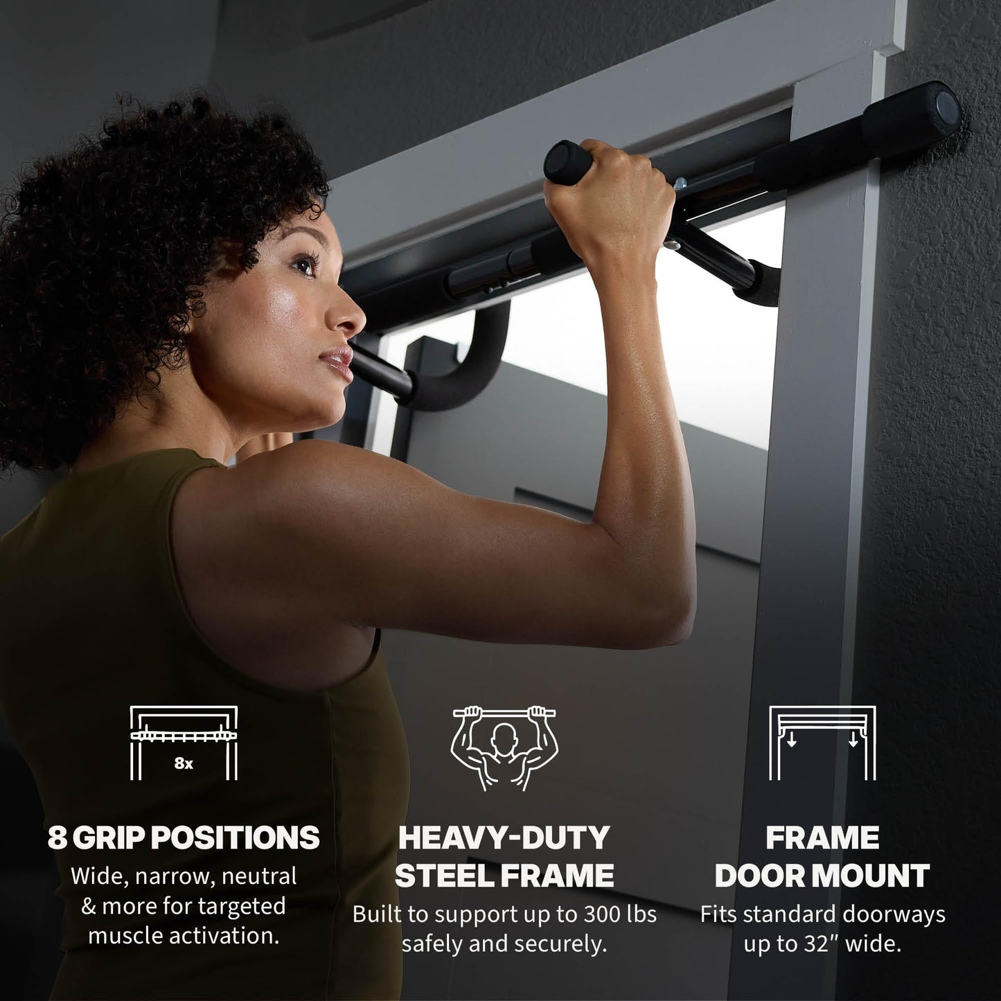 SPRI Pull Up Bar - 8-Grip Door Frame Mounting Pull-Up Bar for Versatile Workouts - Rugged Steel Frame with Foam Handles - Supports 300 Pounds - Fits Door Frames Up to 32 in. Wide – Black)
