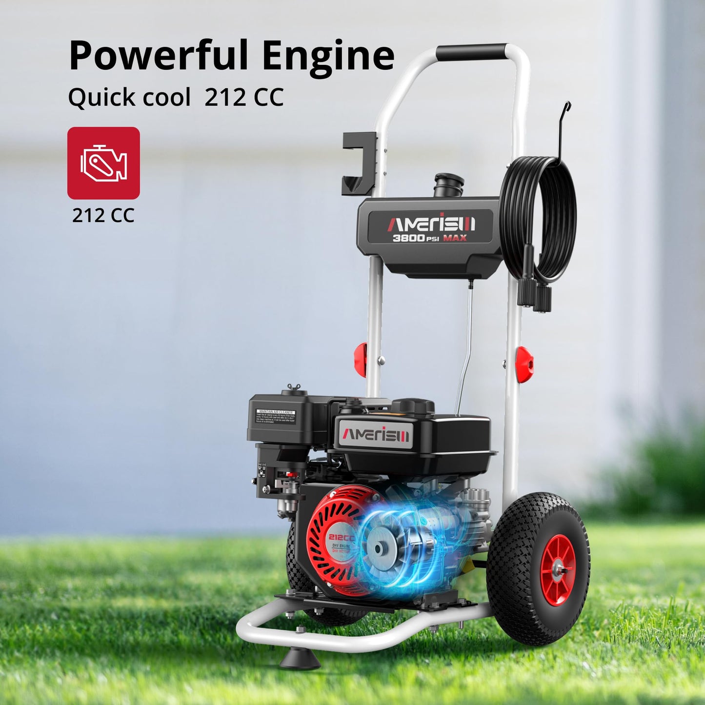 AMERISUN 3800 PSI Gas Pressure Washer 2.5 GPM with 212cc 4-Stroke OHV Engine, 5 Quick-Connect Nozzles & 10" Wheels, Heavy Duty Power Washer for Driveways, Cars, Patios, Decks & House Siding