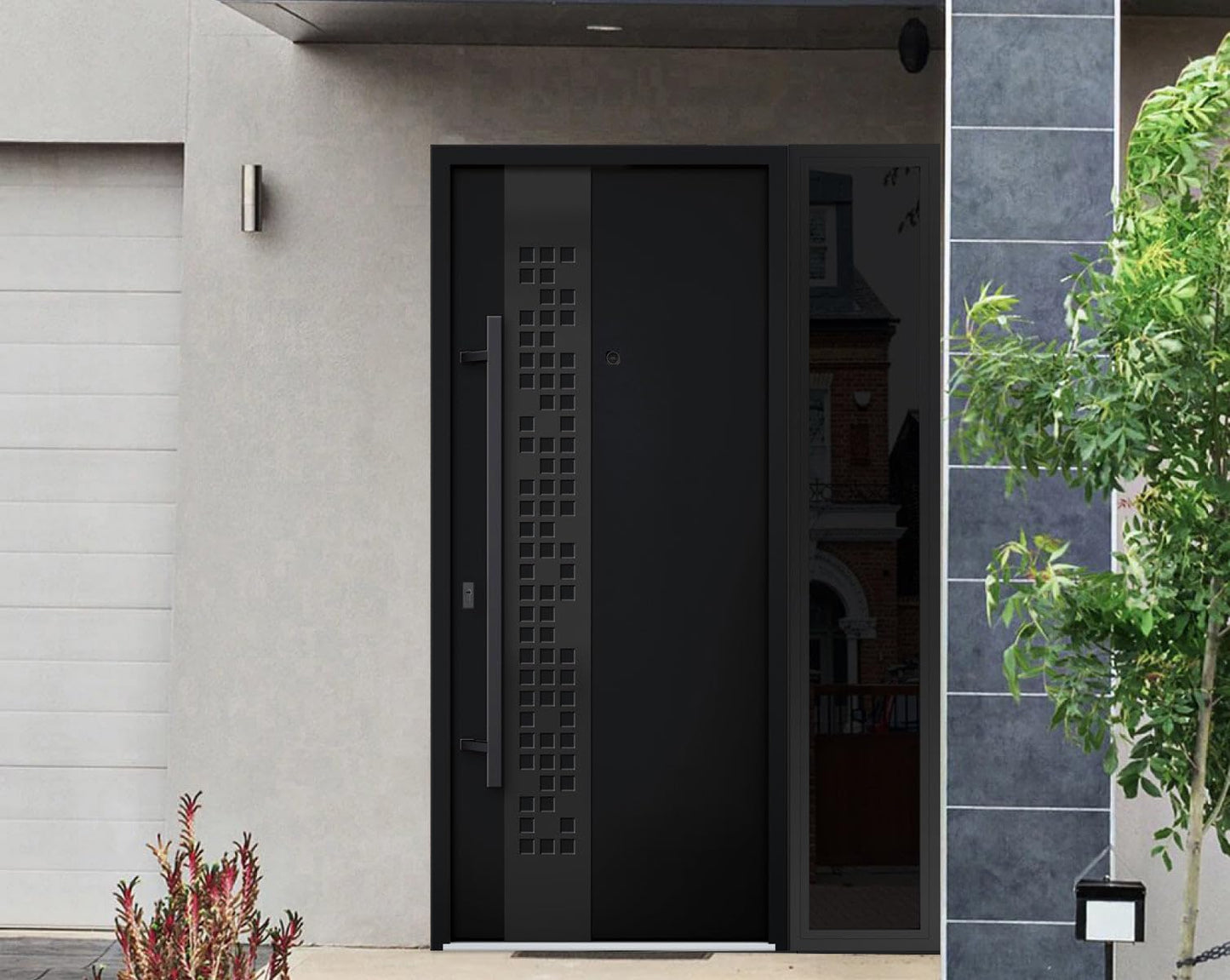 VDOMDOORS Front Exterior Prehung Steel Door/Deux 6078 Black Enamel/Side Exterior Window Sidelite/Entry Metal Modern Painted W36+12" x H80 Right Hand Inswing