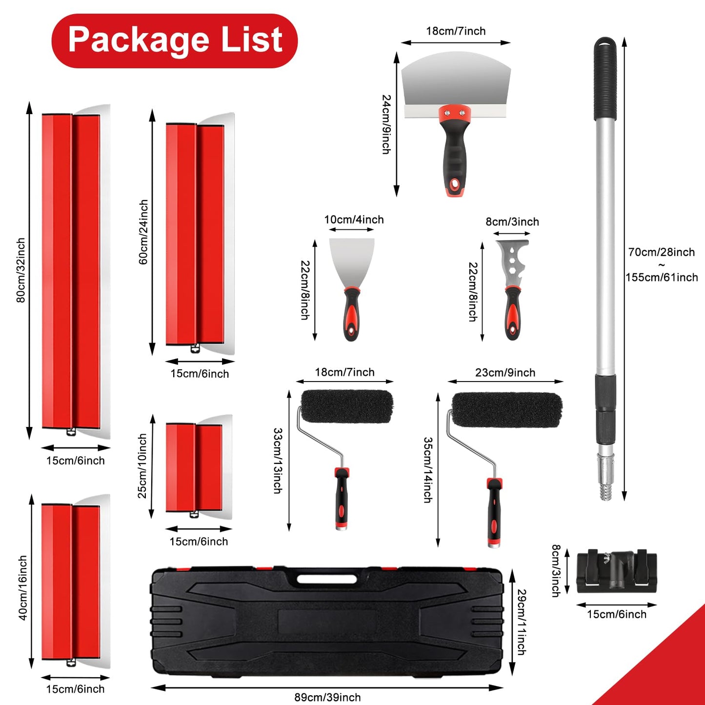 suokoun Drywall Skimming Blade Set with Case, 10/16/24/32inch Stainless Steel Skimming Blades, 7/9inch Compound Rollers, 28"-62" Extension Handle, Putty Knives Arc Scraper for Wallboard