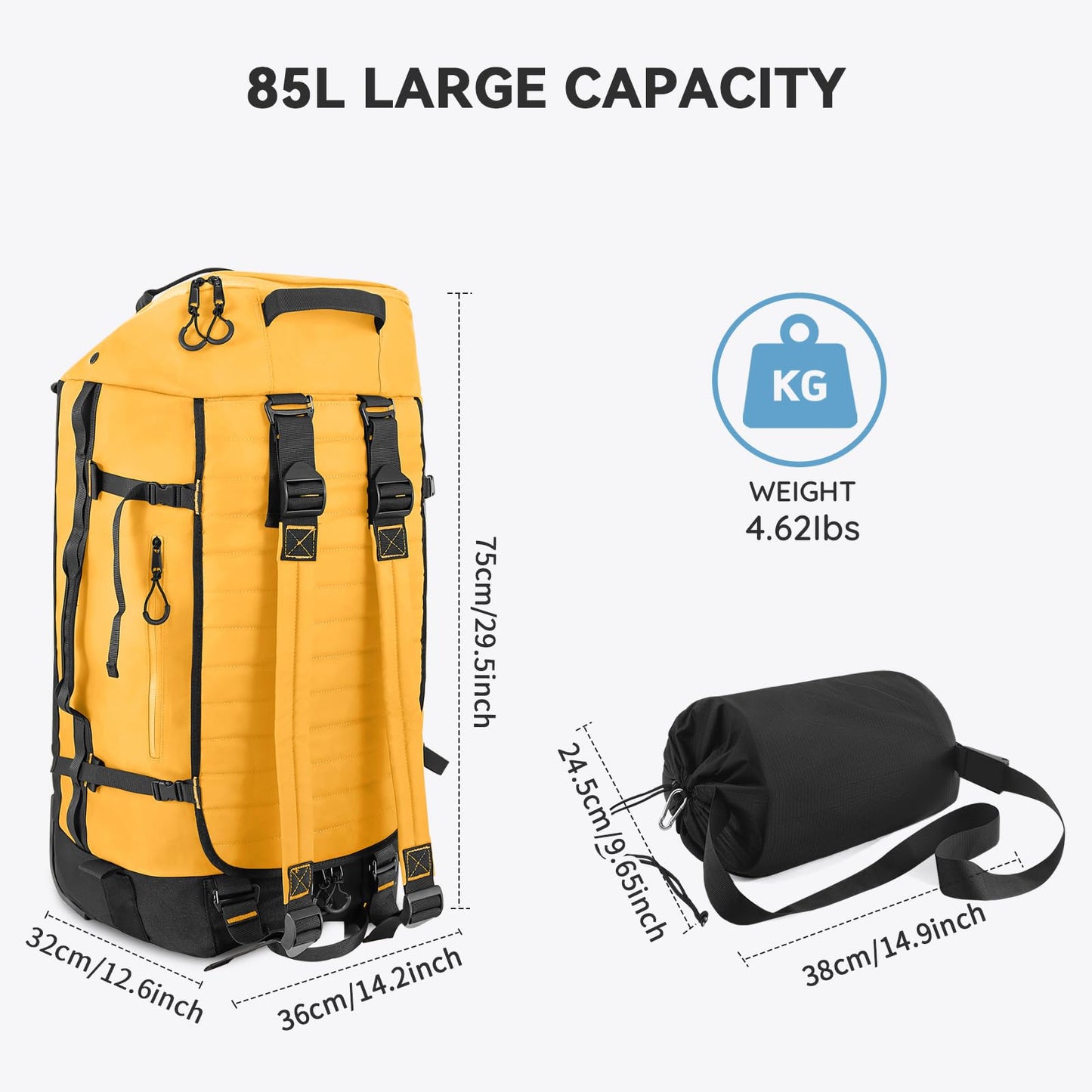 Vrtisa 85L 29“ Foldable Rolling Backpack with Wheels, Soft-side Travel Duffle Bag with Separate Shoe Compartment, Full Quilted Bottom, Yellow