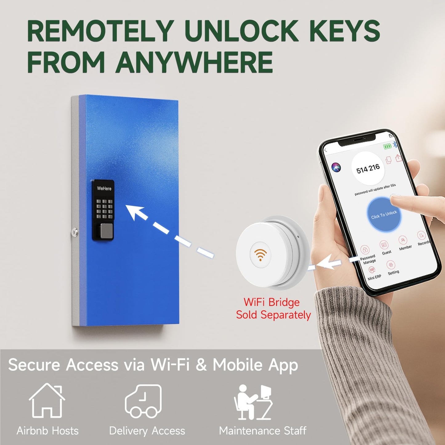 WeHere 48-Key Smart Key Lock Box Wall-Mount, Key Cabinet with Key Management App(Track Key Borrow/Return), Keypad, Bluetooth & WiFi Unlock (Sold Separately) for Commercial, School, Rental, Office