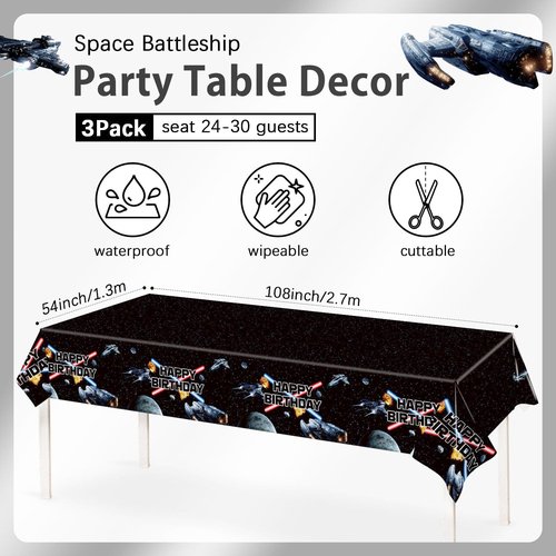 3 Pieces Space Battleship Wars Themed Birthday Party Decorations Tablecloth, Large Size 54 x 108 Inch Rectangular Plastic Table Cloth Star Galaxy Universe Starship for Boys Kids Party Decorations