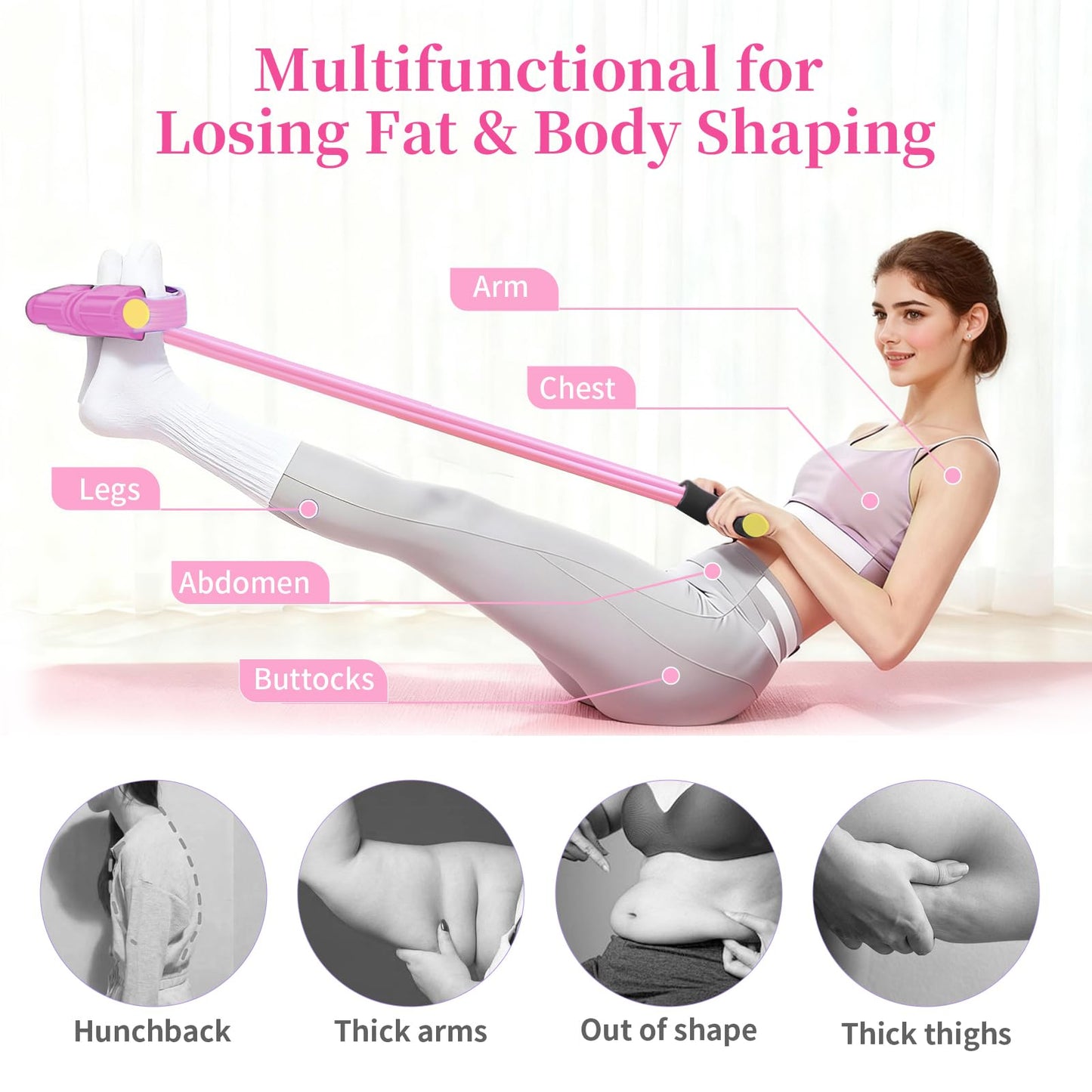 Pedal Resistance Bands with Handles, Upgrade 6-Tubes Manual Tension Training Pedal, Natural Rubber Foot Pedal Resistance Bands, Multifunction Fitness Bands for Abdomen, Waist, Arm, Leg (Pink)