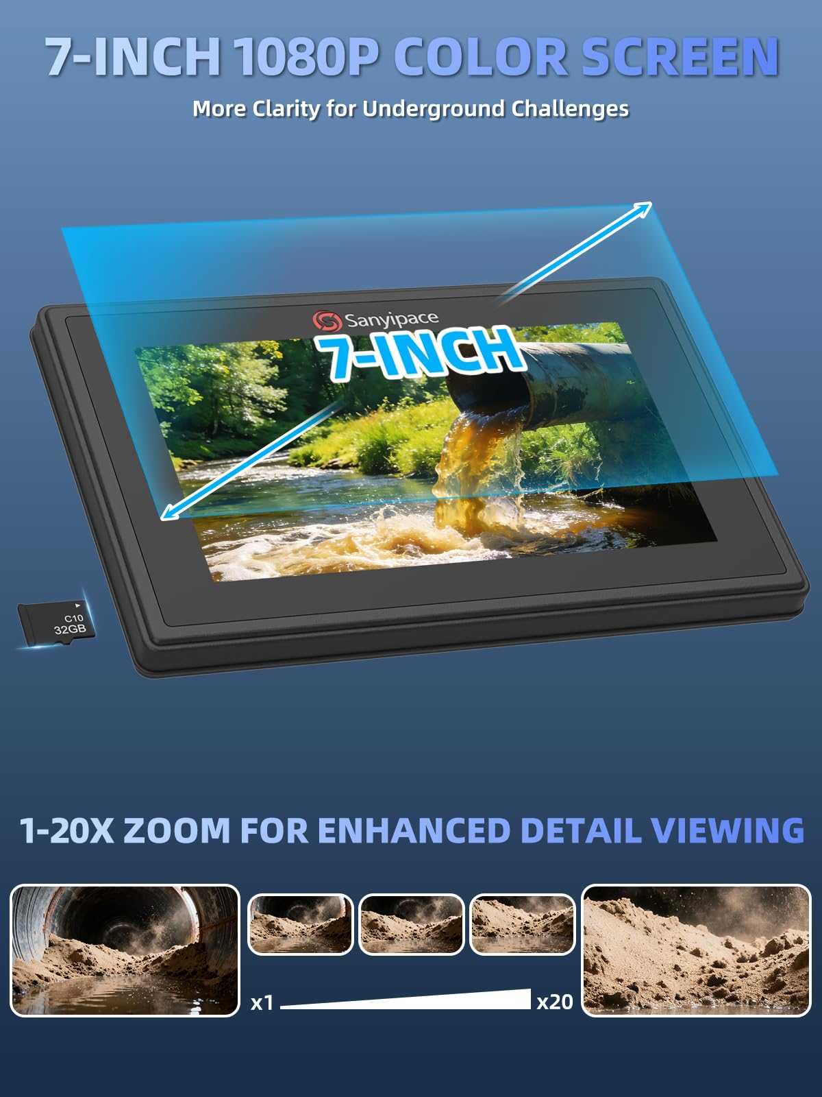 Sanyipace Sewer Camera 165FT/50M,7" IPS Pop-Up Screen Plumbing Camera, Built-in 32GB DVR with Mic&Speaker,20X Digital Zoom,Distance Counter,IP68 Waterproof Drain Camera for Plumbers Homeowners