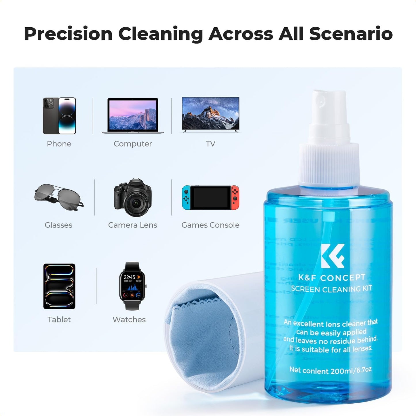 K&F CONCEPT 2 (200ml) Screen Cleaner Spray, with Microfiber Cleaning Cloth, Touchscreen Cleaning Kit for LCD LED DVD