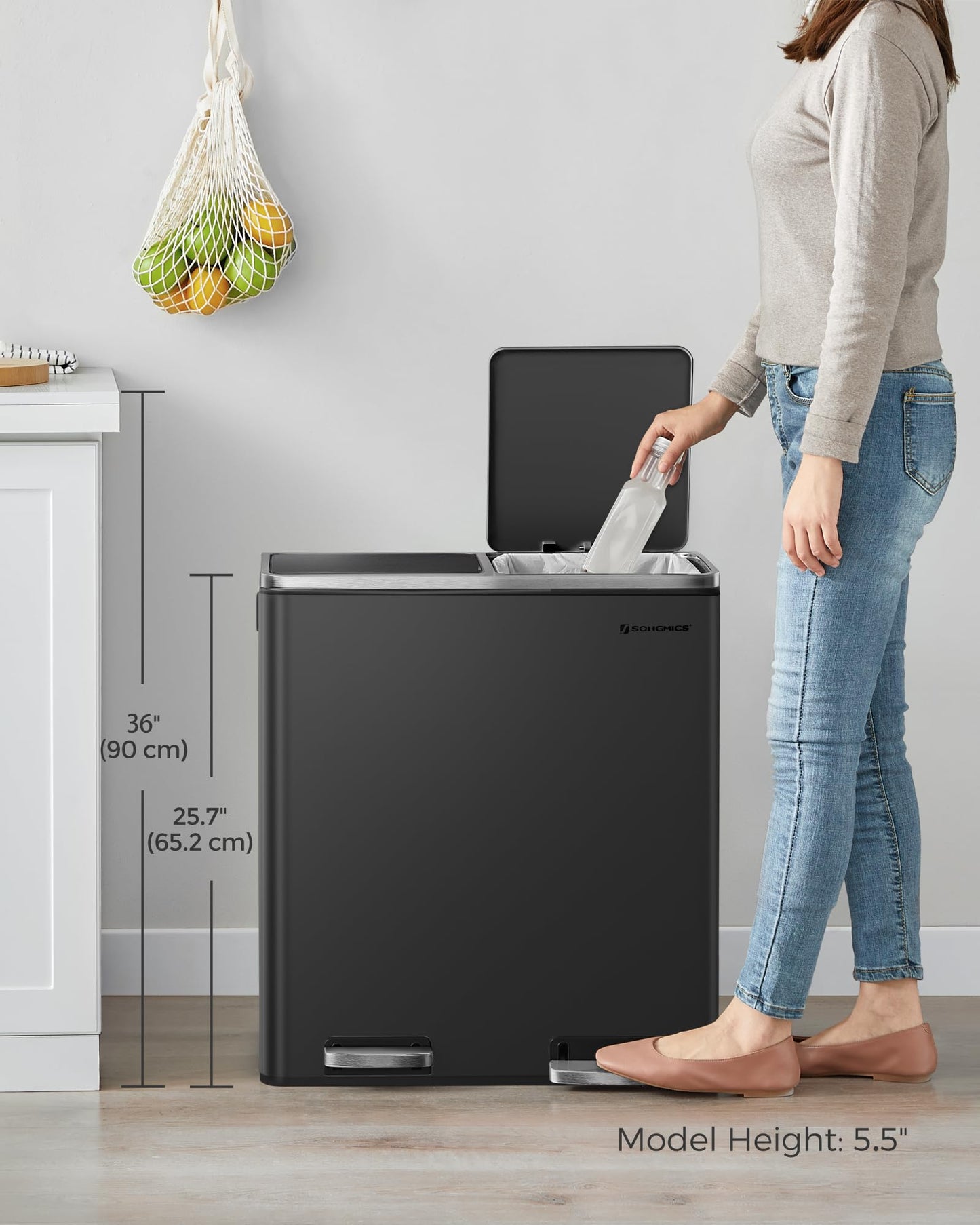 SONGMICS Trash Can, 2 x 8 Gallon (2 x 30 L) Garbage Can for Kitchen, with 15 Trash Bags, 2 Compartments, Plastic Inner Buckets and Hinged Lids, Airtight, Black ULTB60BK