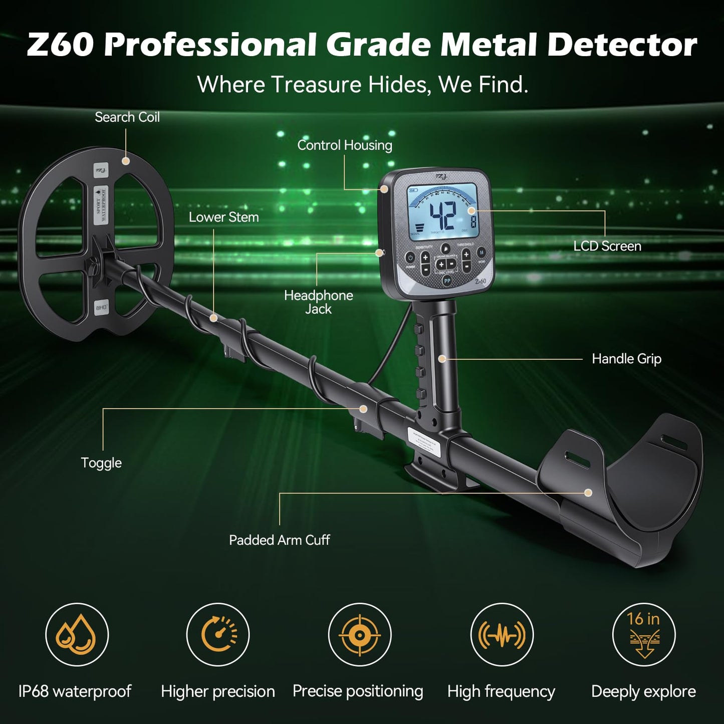WenMia Metal Detector for Adults Waterproof DD Coil Up to 16 Inch Depth with 5 Detection Modes and Pinpoint for Coins Jewelry Beach and River
