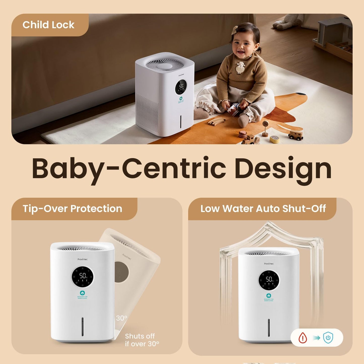 Provirtec Pro Baby Evaporative Humidifier for Bedroom, MistFree & No White Dust, BPA-Free and 16dB Quiet Sleep for kids, 3 Age-Modes, Auto Control, Tap Water Safe, 4L Easy Clean Tank for Nursery