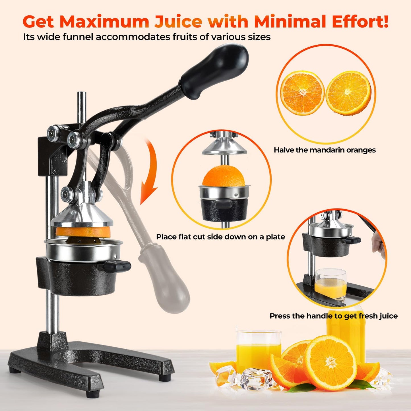 ROEDEER Heavy-Duty Manual Citrus Juicer – Cast Iron Orange Juicer Squeezer, Dual-Die Head, Manual Juicer, Citrus Squeezer, Lemon Juicer Manual & Pomegranate Juicer for Fresh Juice (Black)