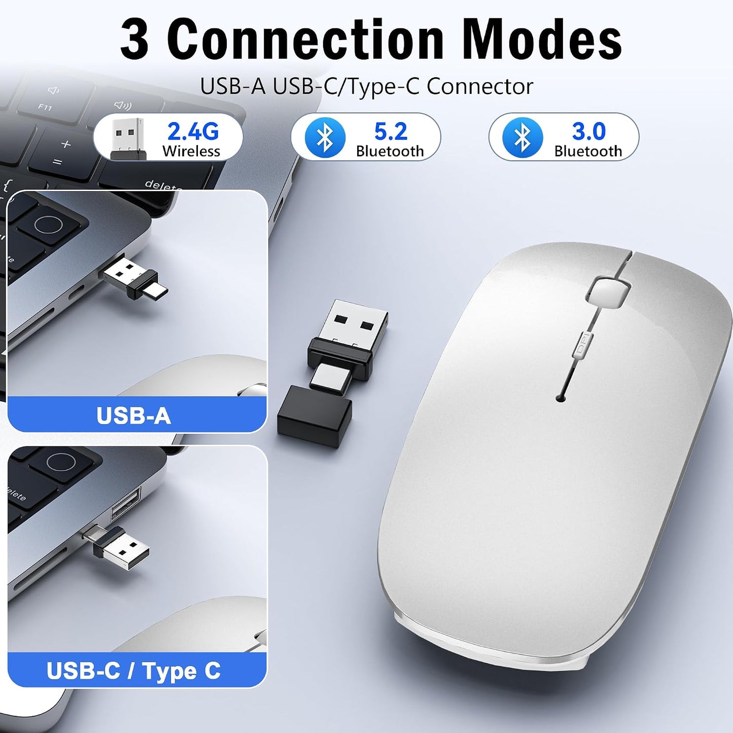 FYBC 2.4G 2 5.2/3.0 2.4G Bluetooth Wireless Laptop Mouse for MacBook Air iPad Mac, Rechargeable Computer Mouse