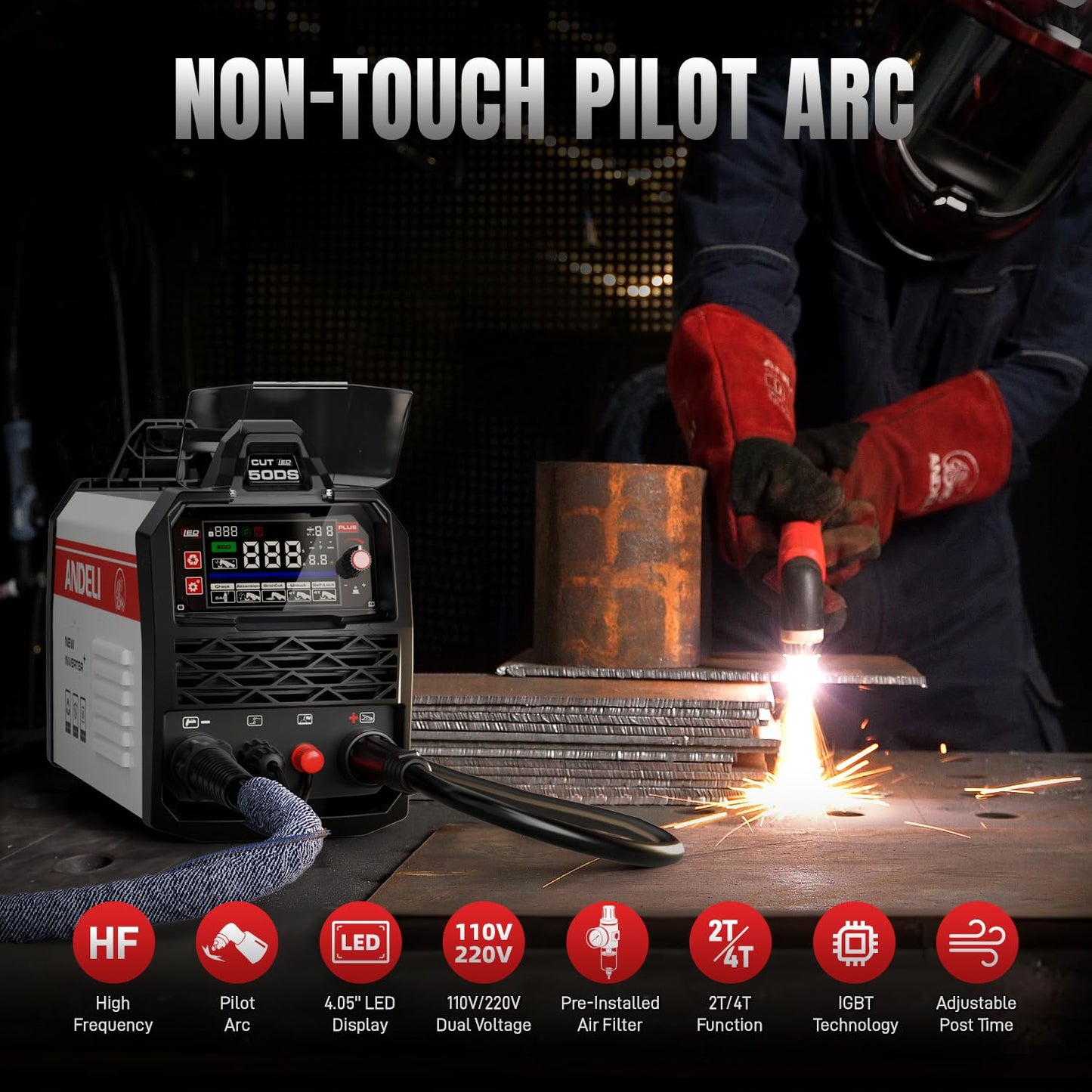 ANDELI Plasma Cutter, Non-Touch Pilot Arc 50A Plasma Cutting Machine,4.05'' Larger LED Display,5/8" Clean Cut, Post Flow Mesh,Plate Cutting/Grid Cutting/Marking 110/220V,2T/4T for Beginners DIY
