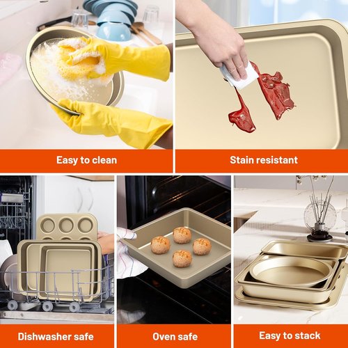 CasaCulina Nonstick Baking Pans Set - 5-Piece Bakeware with Round, Square, Muffin & Loaf Pans | Gold Finish