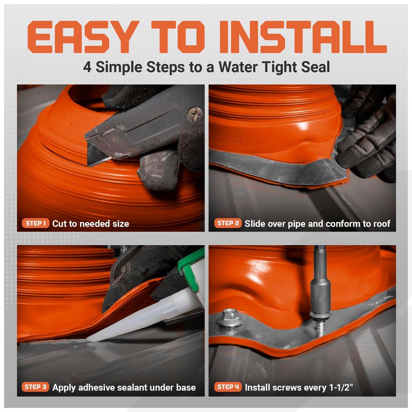Fasteners Plus #7 Square Silicone Metal Roof Pipe Flashing Boot with Complete Install Kit (Made in USA), Fits 5-1/2” - 11-1/2” Pipe OD, Red