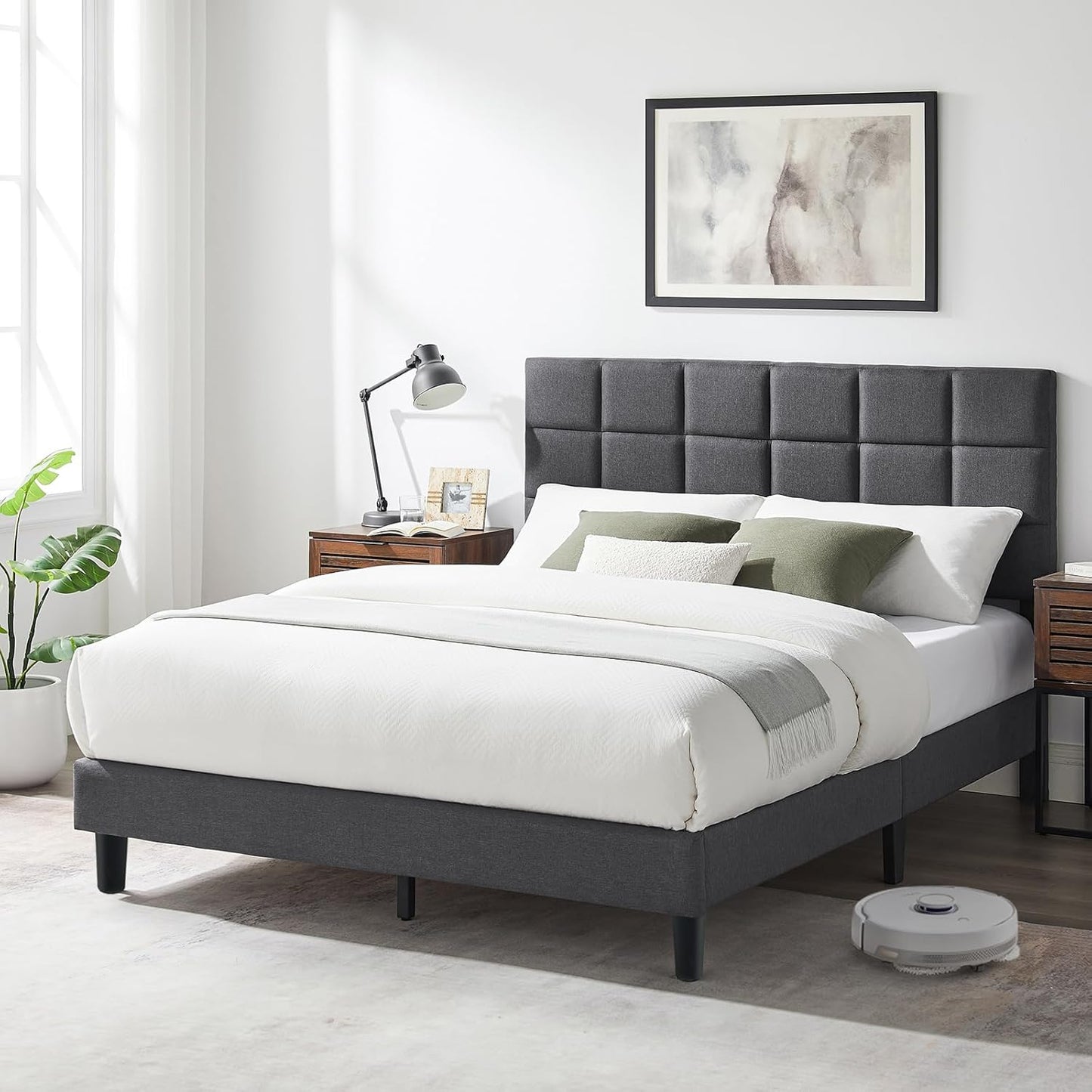 Susalt Full Size Platform Bed Frame - Upholstered Headboard, Linen Fabric, No Box Spring Needed, 800LBS Capacity, Grey