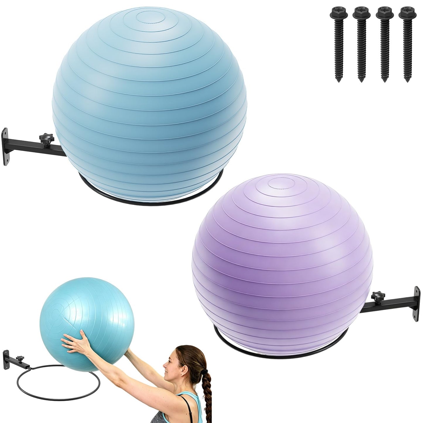 AILIBI Yoga Ball Wall Mount(2PCS), Adjustable Exercise Ball Holder,Compatible with 14 to 30 Inch Stability Ball, for Home Gym, Storage Room & Physical Therapy Clinic